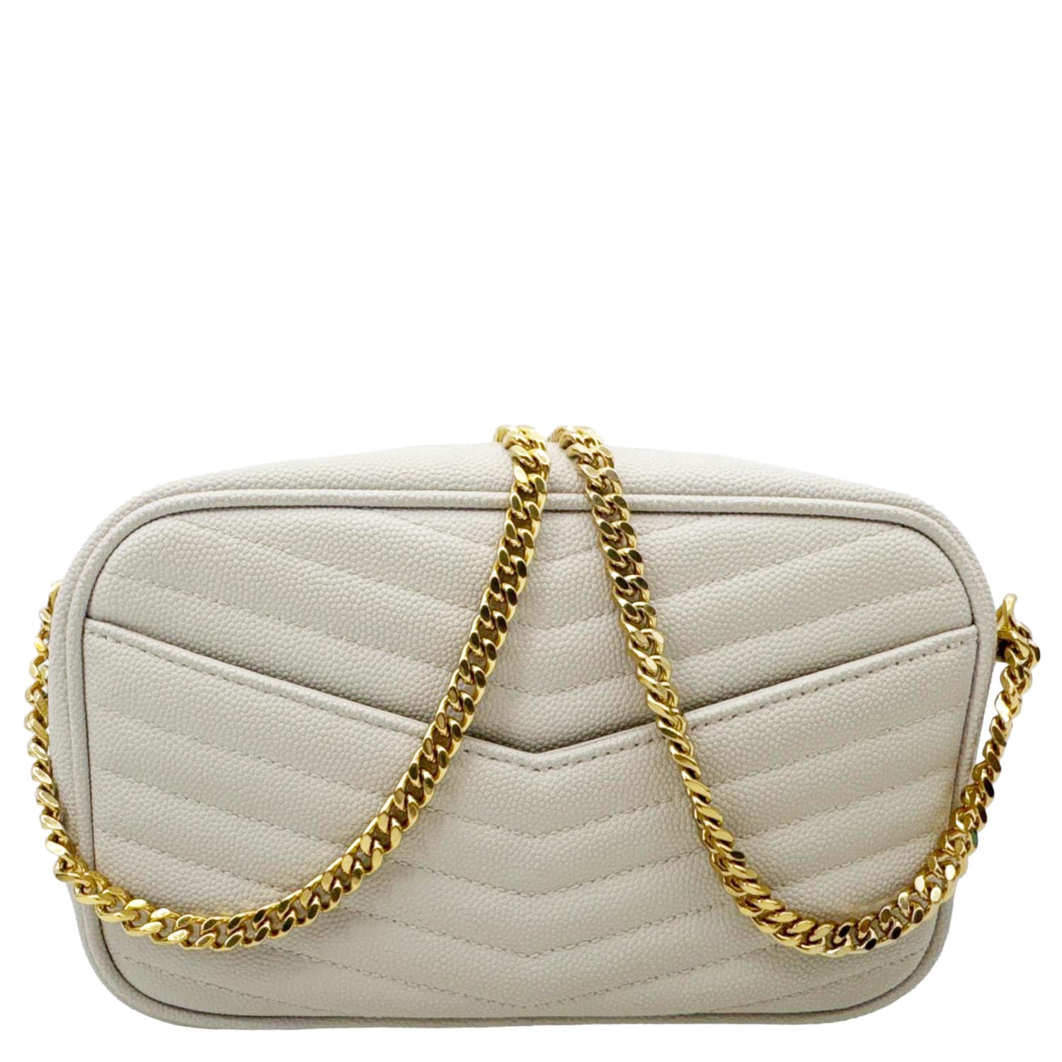 YVES SAINT LAURENT Lou Mini Chevron Leather Camera Crossbody Bag Off White