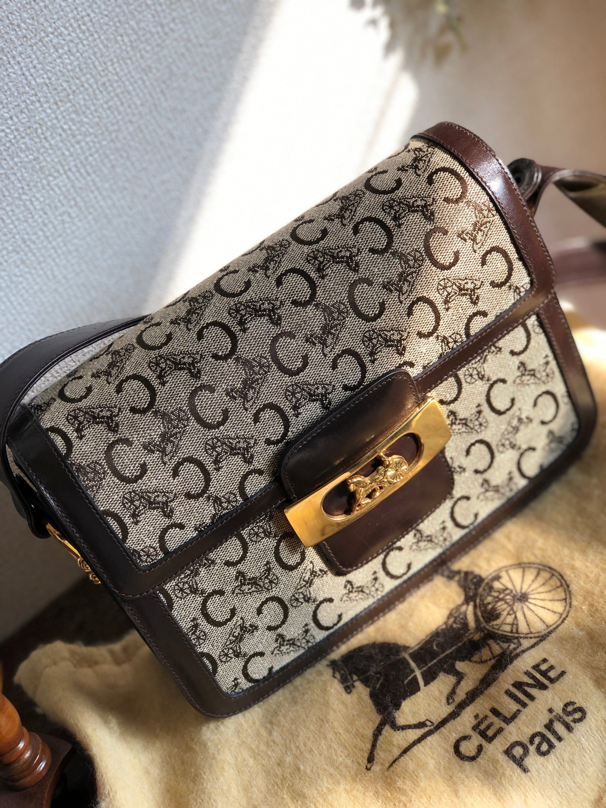 CELINE C Macadam Horse carriage Jacquard Shoulder bag Brown Old CELINE 5chm38
