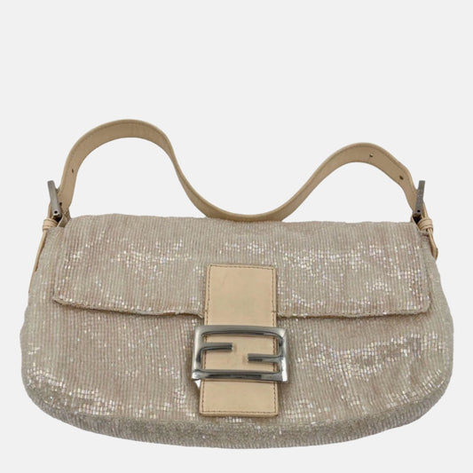 Fendi Baguette Glittering Waterfall Beads Cream Shoulder Bag