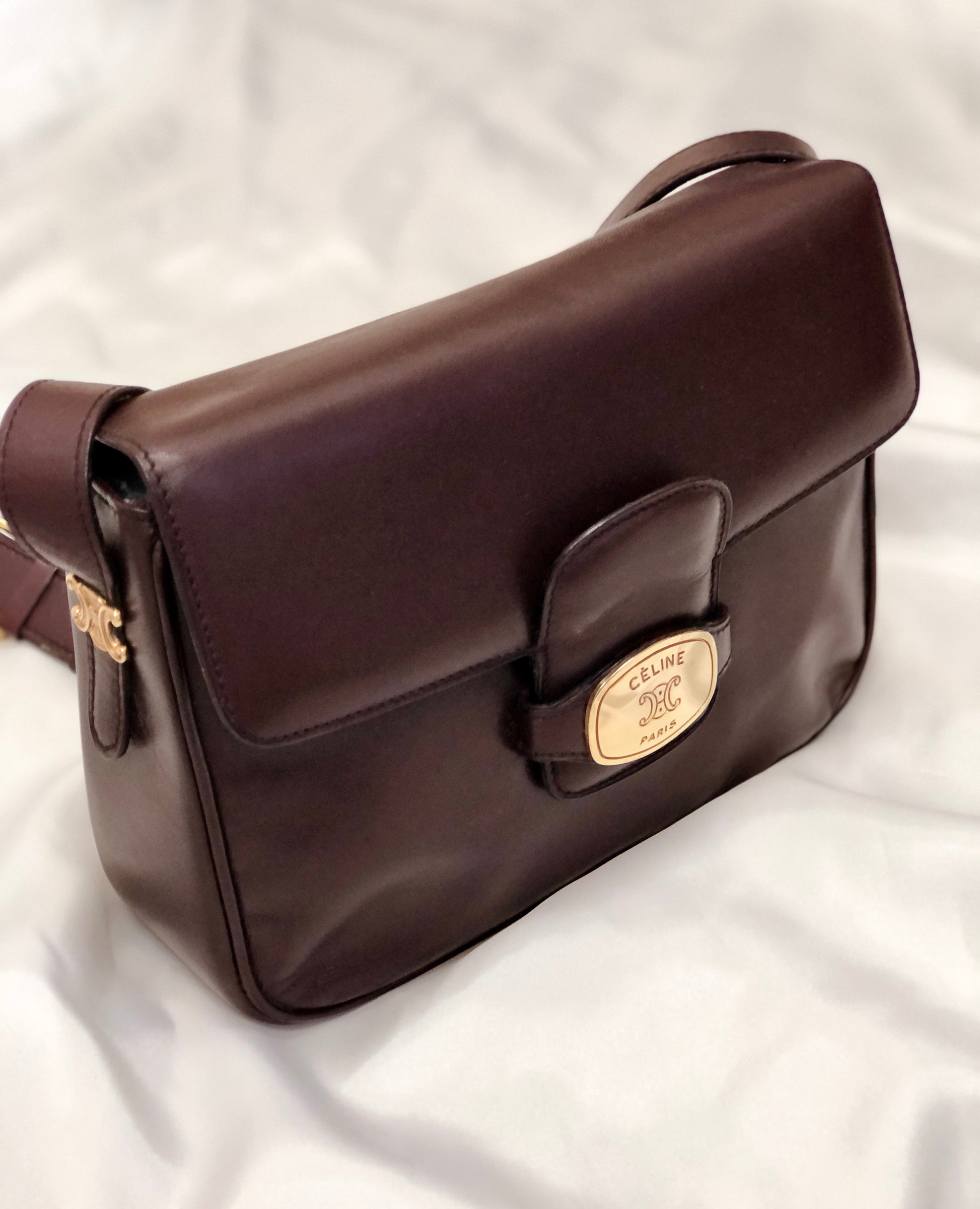CELINE Plate Side Triomphe Leather Shoulder Bag Bordeaux Old Celine xfmxkn