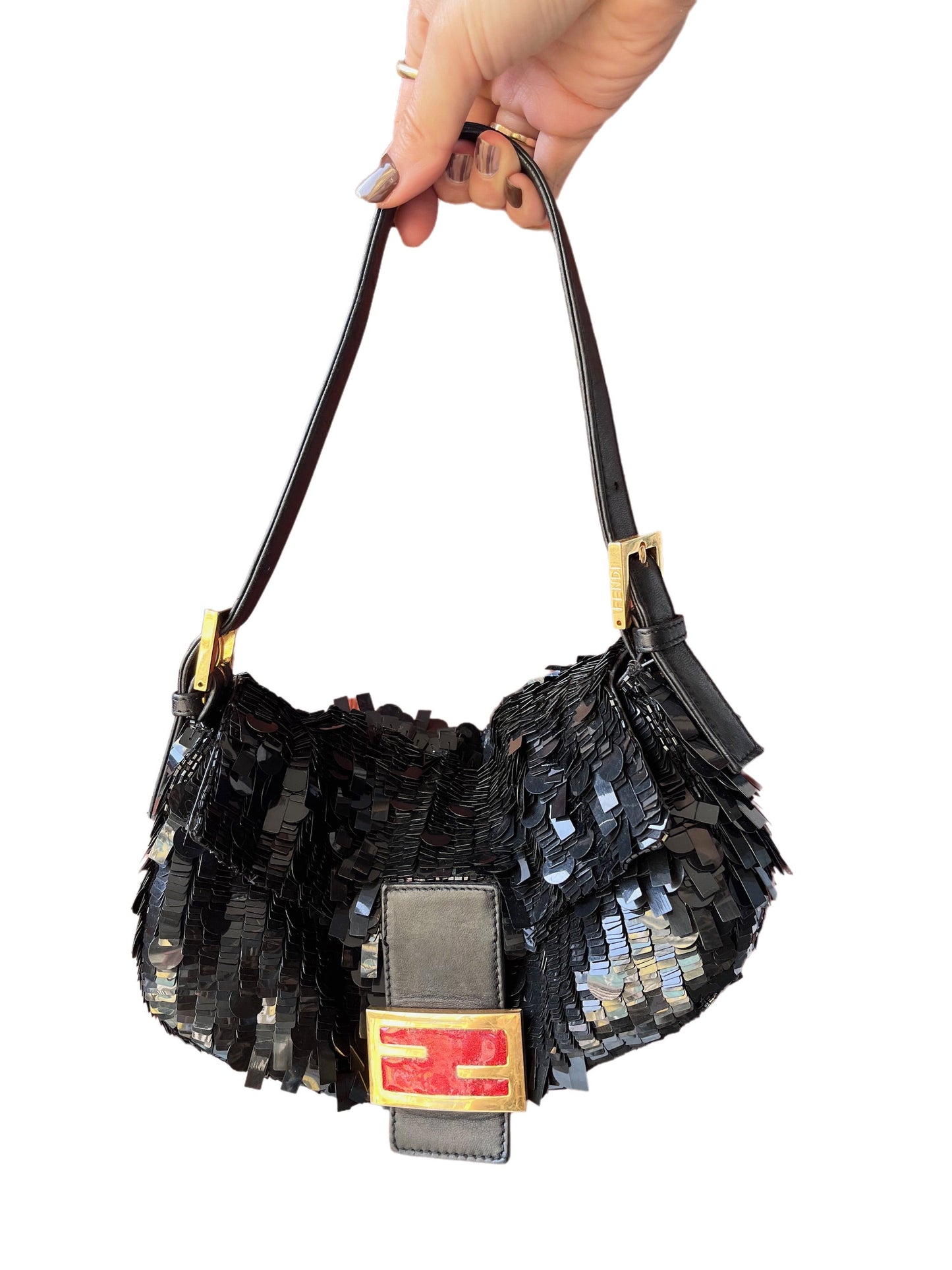 Fendi Baguette Multi-shape Black Sequins with Red Buckle