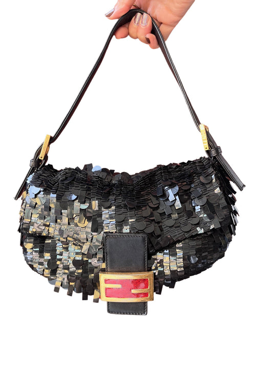 Fendi Baguette Multi-shape Black Sequins with Red Buckle