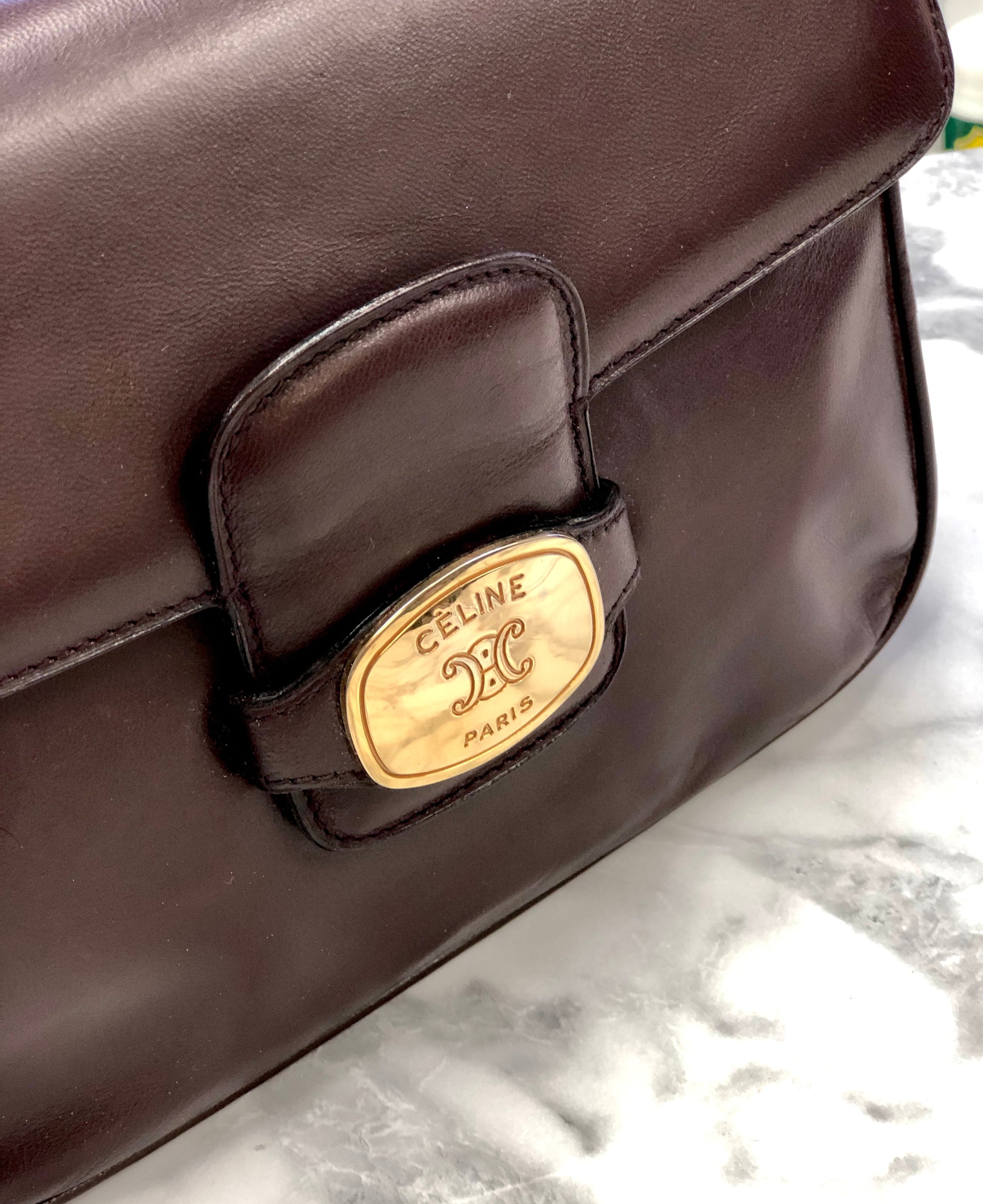 CELINE Plate Side Triomphe Leather Shoulder Bag Bordeaux Old Celine xfmxkn