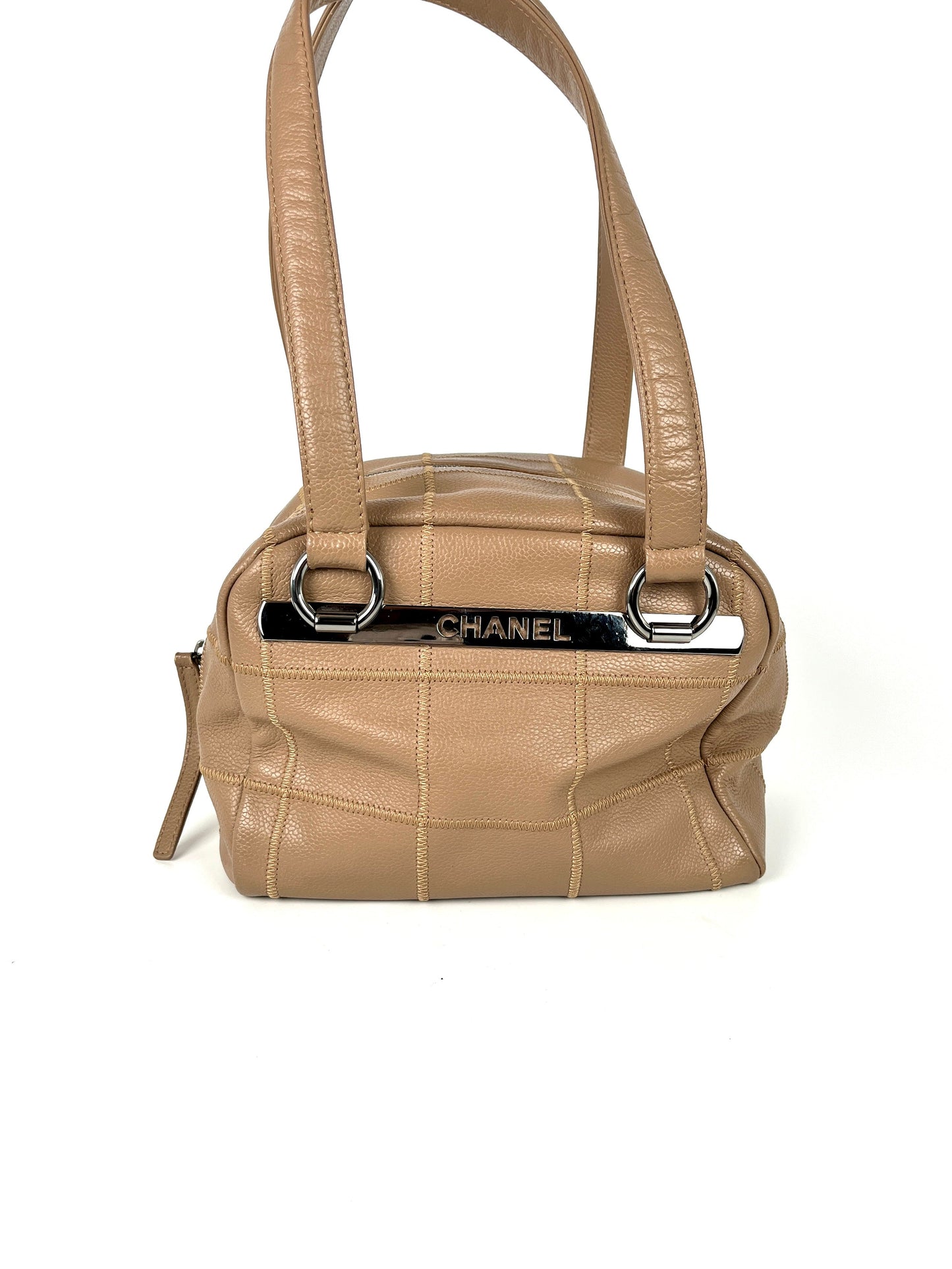 CHANEL LAX Square Quilt Bowler Dark Beige Leather Bag