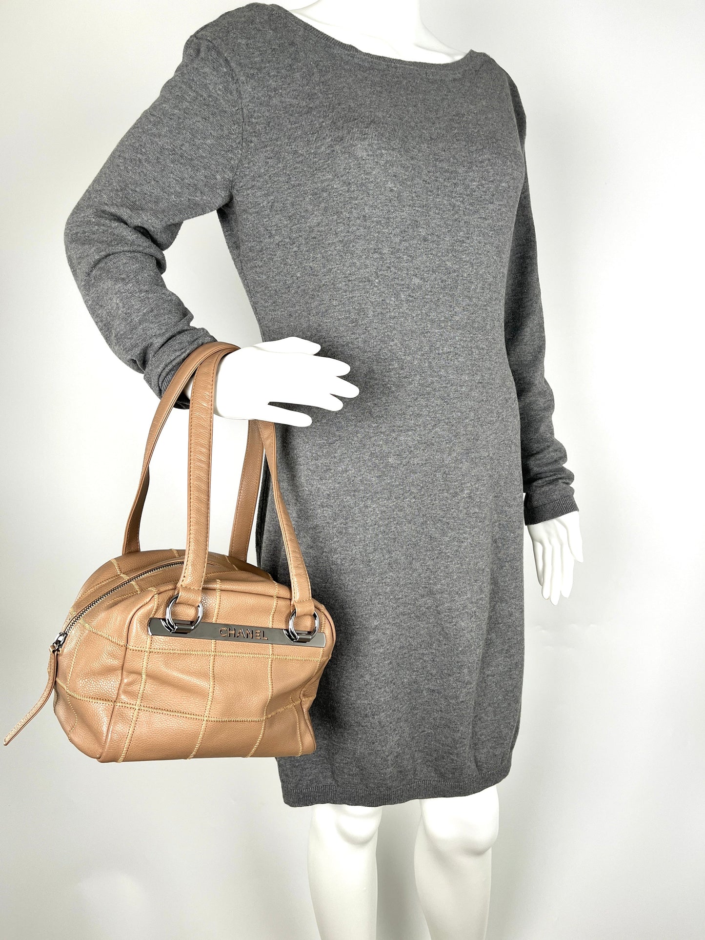 CHANEL LAX Square Quilt Bowler Dark Beige Leather Bag