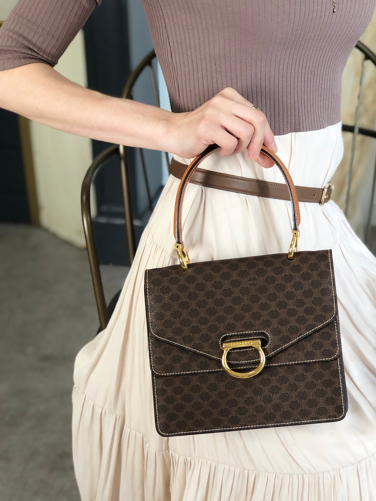 CELINE Macadam Horse Bit Double Flap Handbag Brown 8byndv