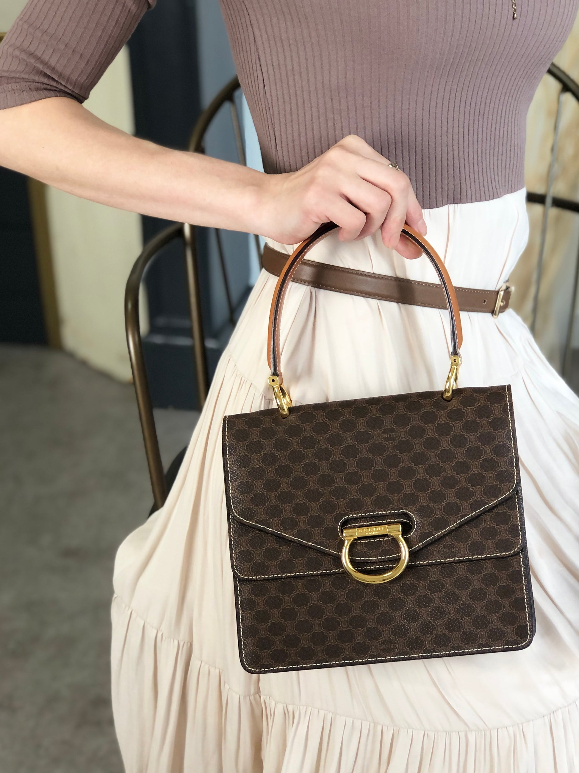 CELINE Macadam Horse Bit Double Flap Handbag Brown 8byndv