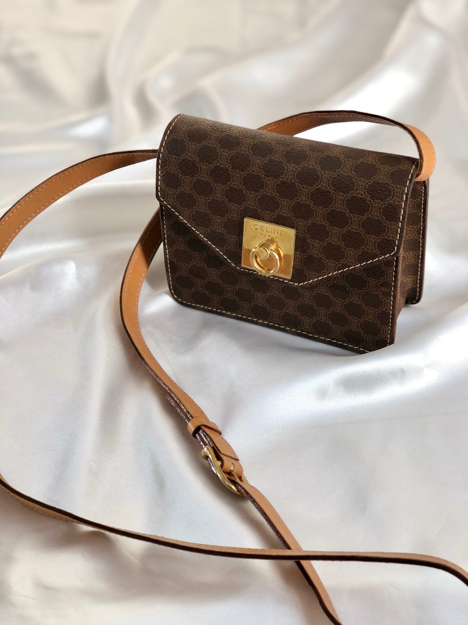 CELINE Macadam Gancini Mantel Mini Bag Shoulder Bag Brown Old Celine ky5u3f