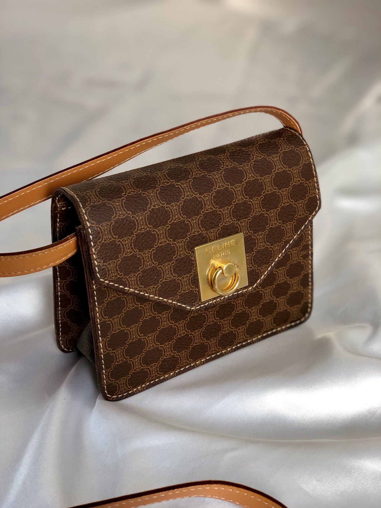 CELINE Macadam Gancini Mantel Mini Bag Shoulder Bag Brown Old Celine ky5u3f