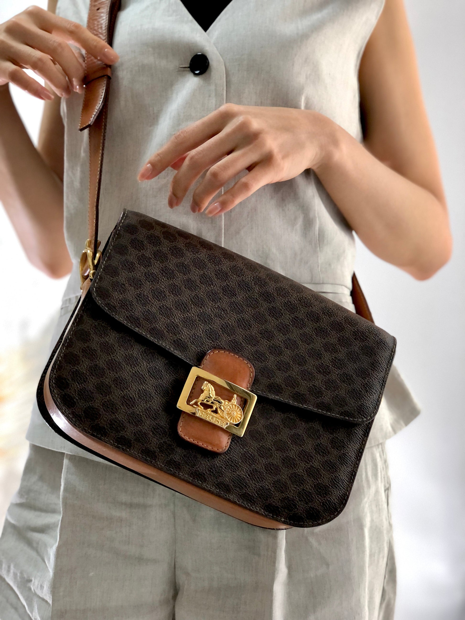 CELINE Macadam Horse carriage Leather crossbody Shoulder bag Brown Old Celine 6pg6byー