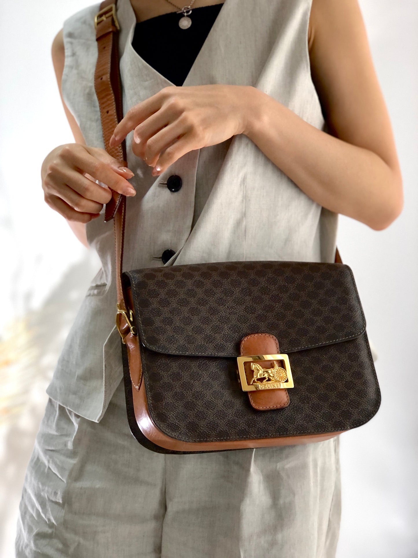 CELINE Macadam Horse carriage Leather crossbody Shoulder bag Brown Old Celine 6pg6byー