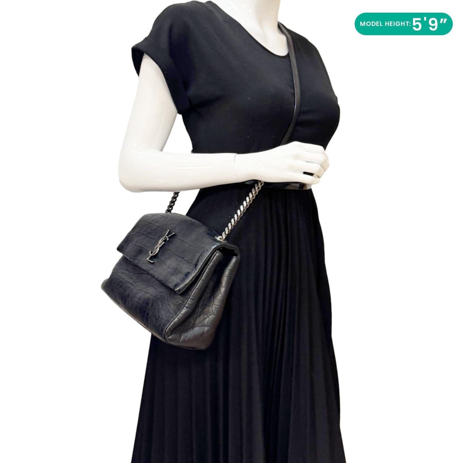 YVES SAINT LAURENT West Hollywood Medium Croc Embossed Crossbody Bag Black