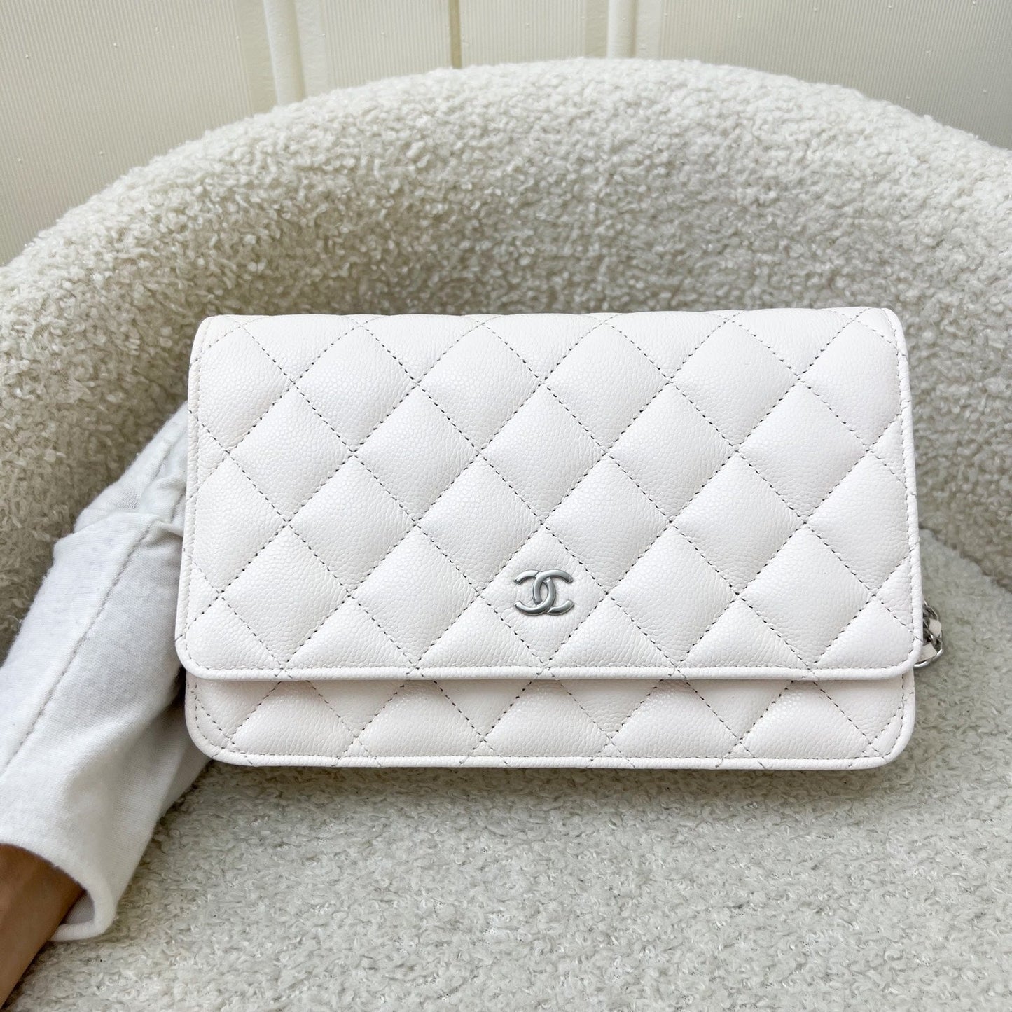 Chanel Classic Wallet on Chain WOC in White Caviar and SHW (Model: AP0250) Crossbody
