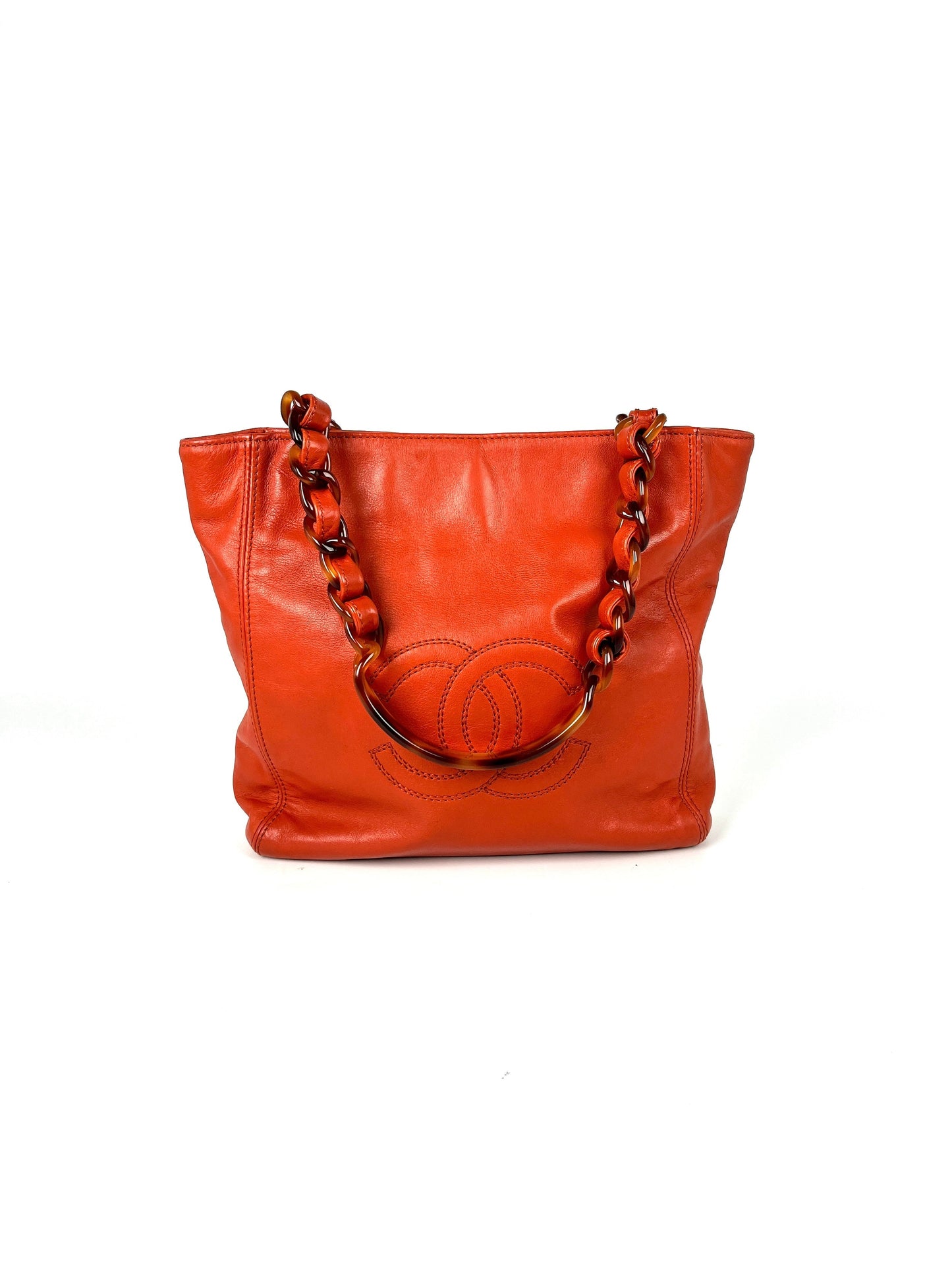 Chanel CC Brown Leather Tortoise Chain Strap Tote Bag