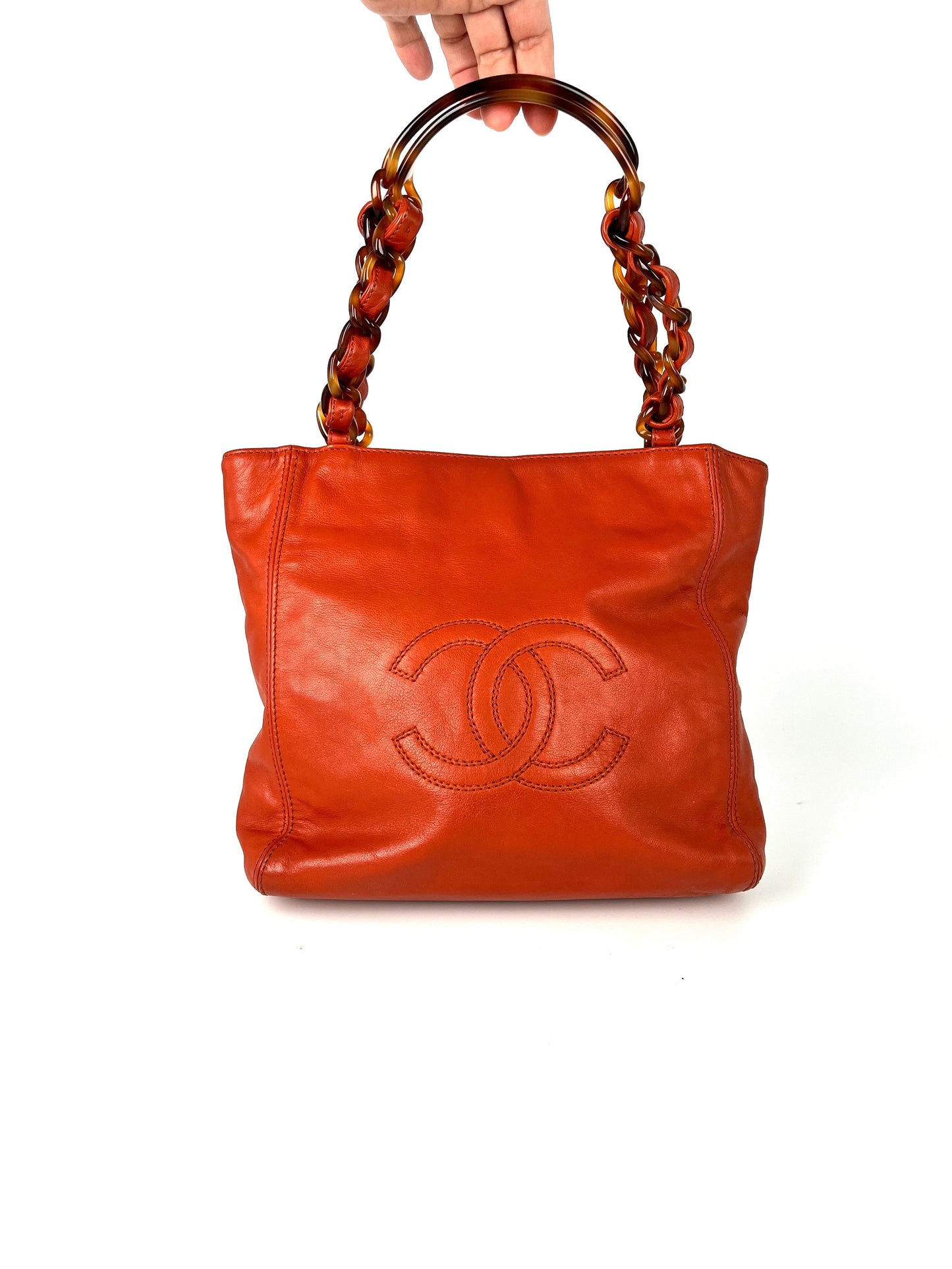 Chanel CC Brown Leather Tortoise Chain Strap Tote Bag
