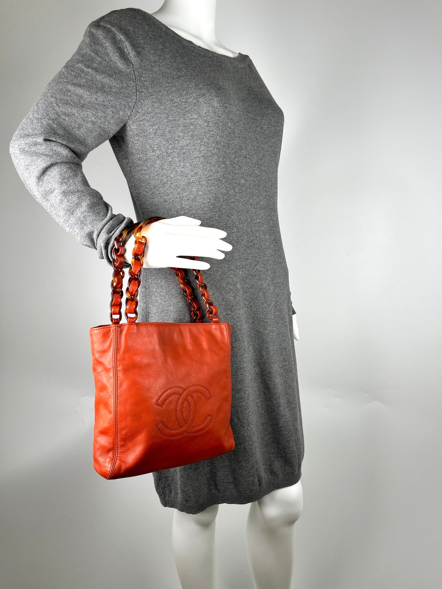 Chanel CC Brown Leather Tortoise Chain Strap Tote Bag