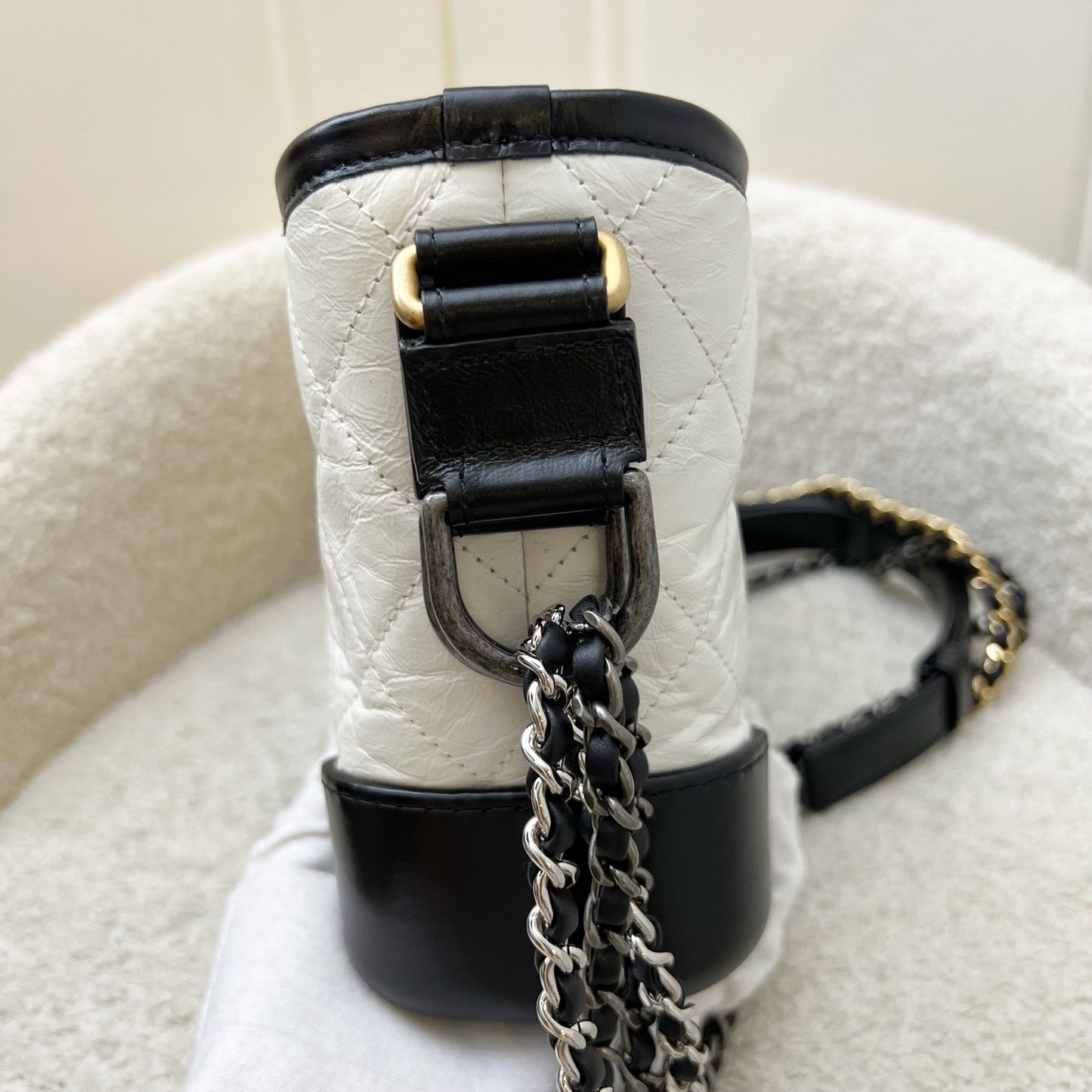 Chanel Small Gabrielle Hobo in White Distressed Calfskin, Black Base and 3 Tone HW Shoulder Bag
