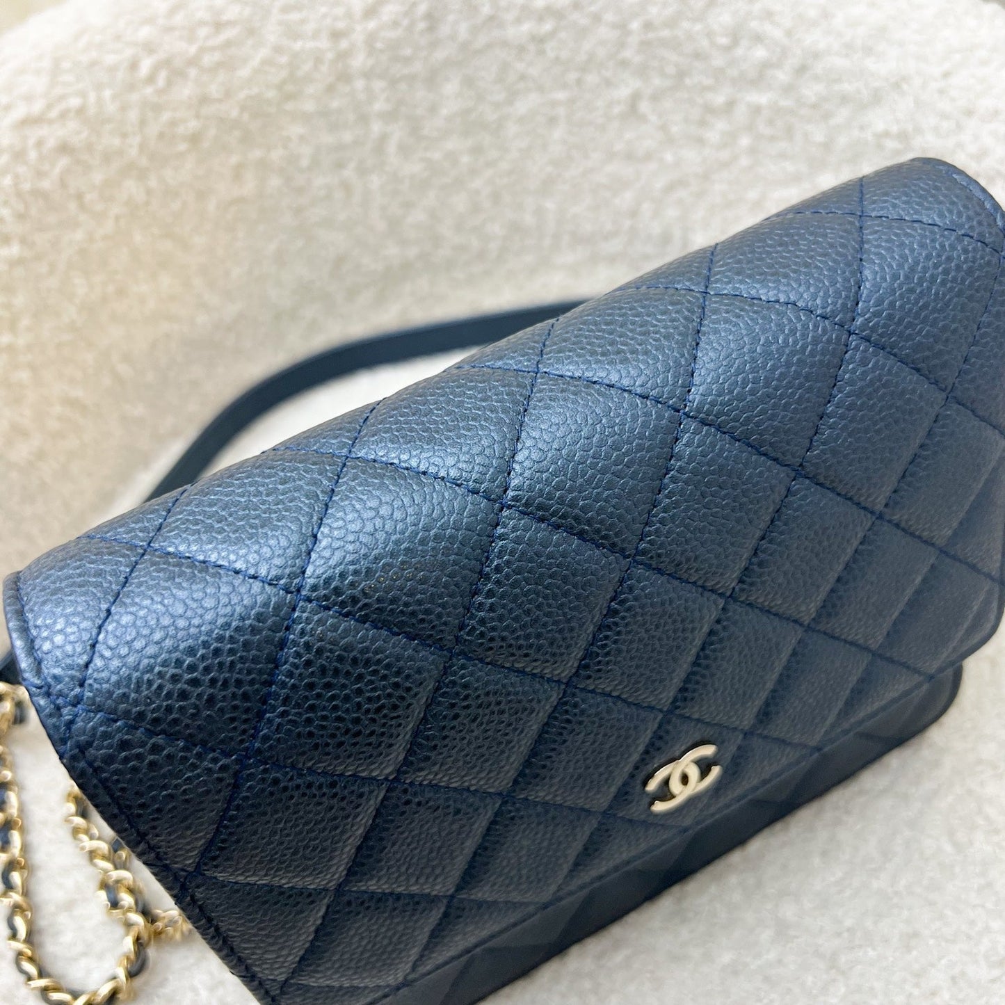 Chanel Square Wallet on Chain WOC in Metallic Blue Caviar and LGHW (Model: A84310) Crossbody