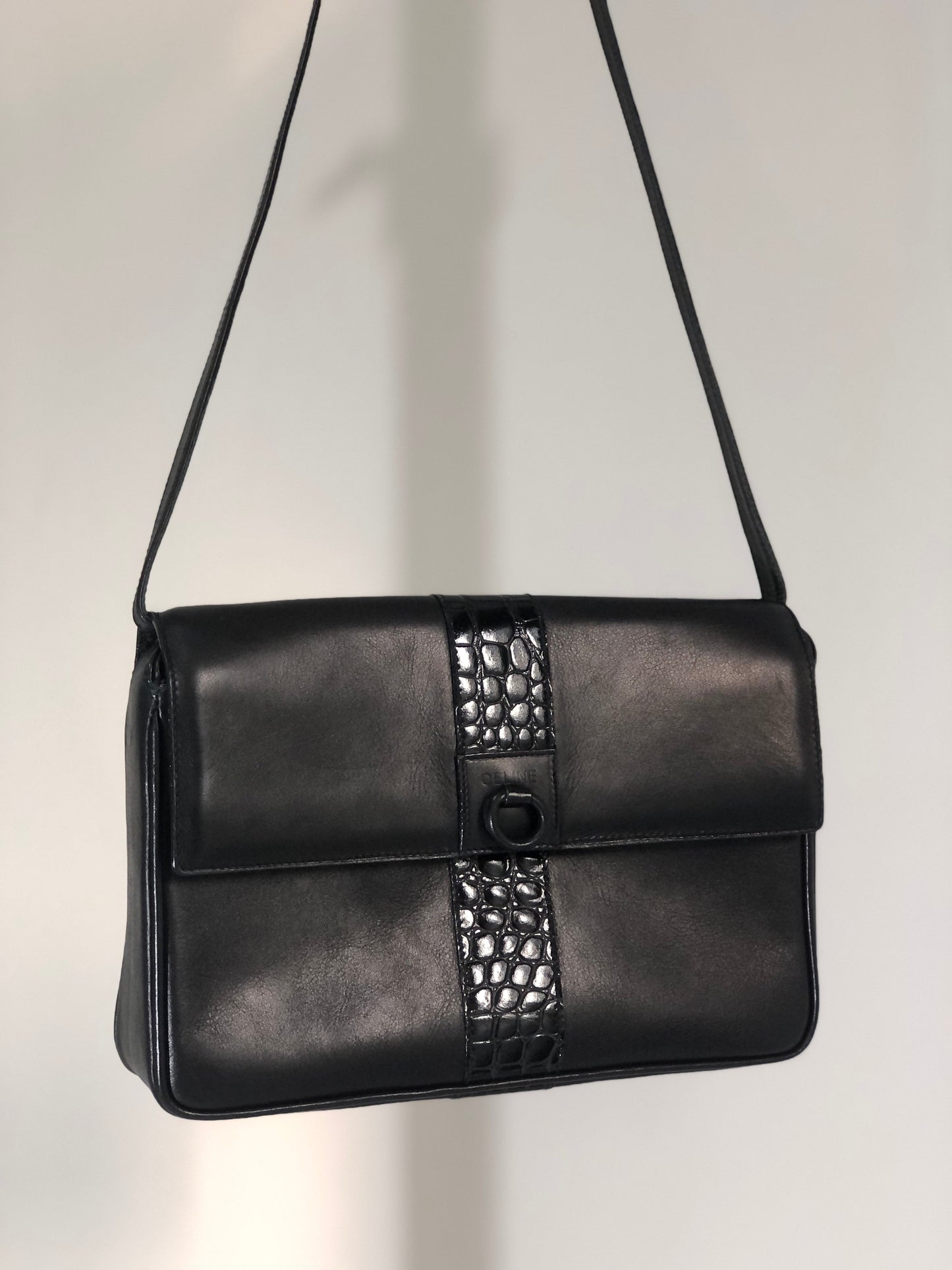 CELINE Gancini Leather Shoulder bag Clutch bag Black Old Celine 6ehwcp