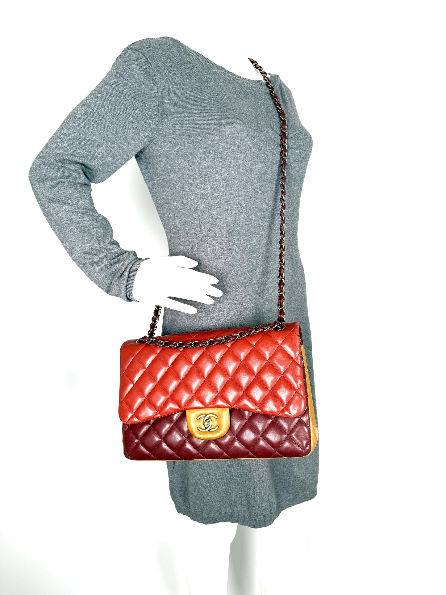 CHANEL Classic Jumbo Quilted Lambskin Tri-Color Burgundy Yellow Red Double Flap Shoulder Crossbody Bag