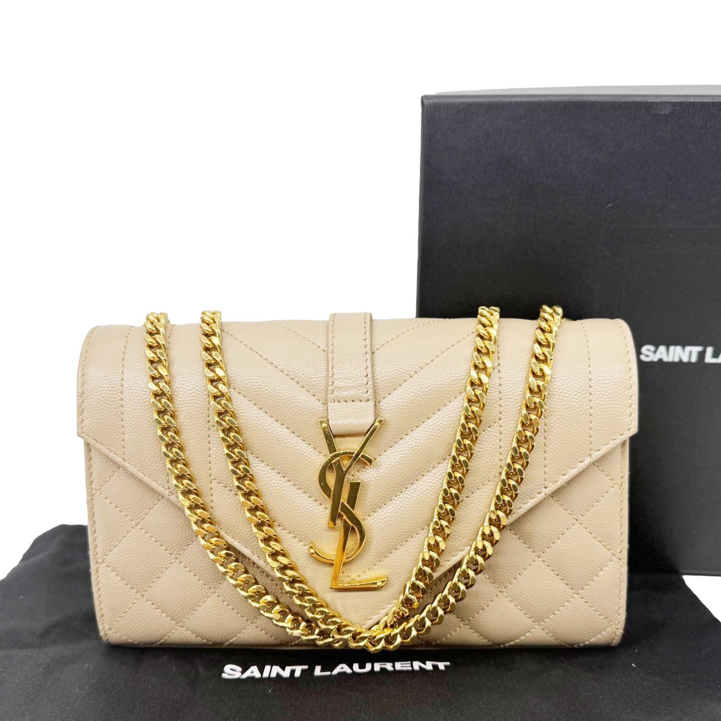 YVES SAINT LAURENT Envelope Monogram Mix Matelasse Leather Wallet on Chain Beige