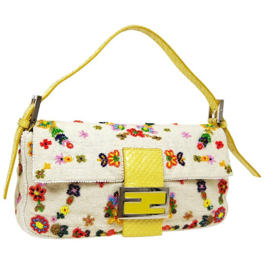Fendi Baguette glitter white canvas with floral beads