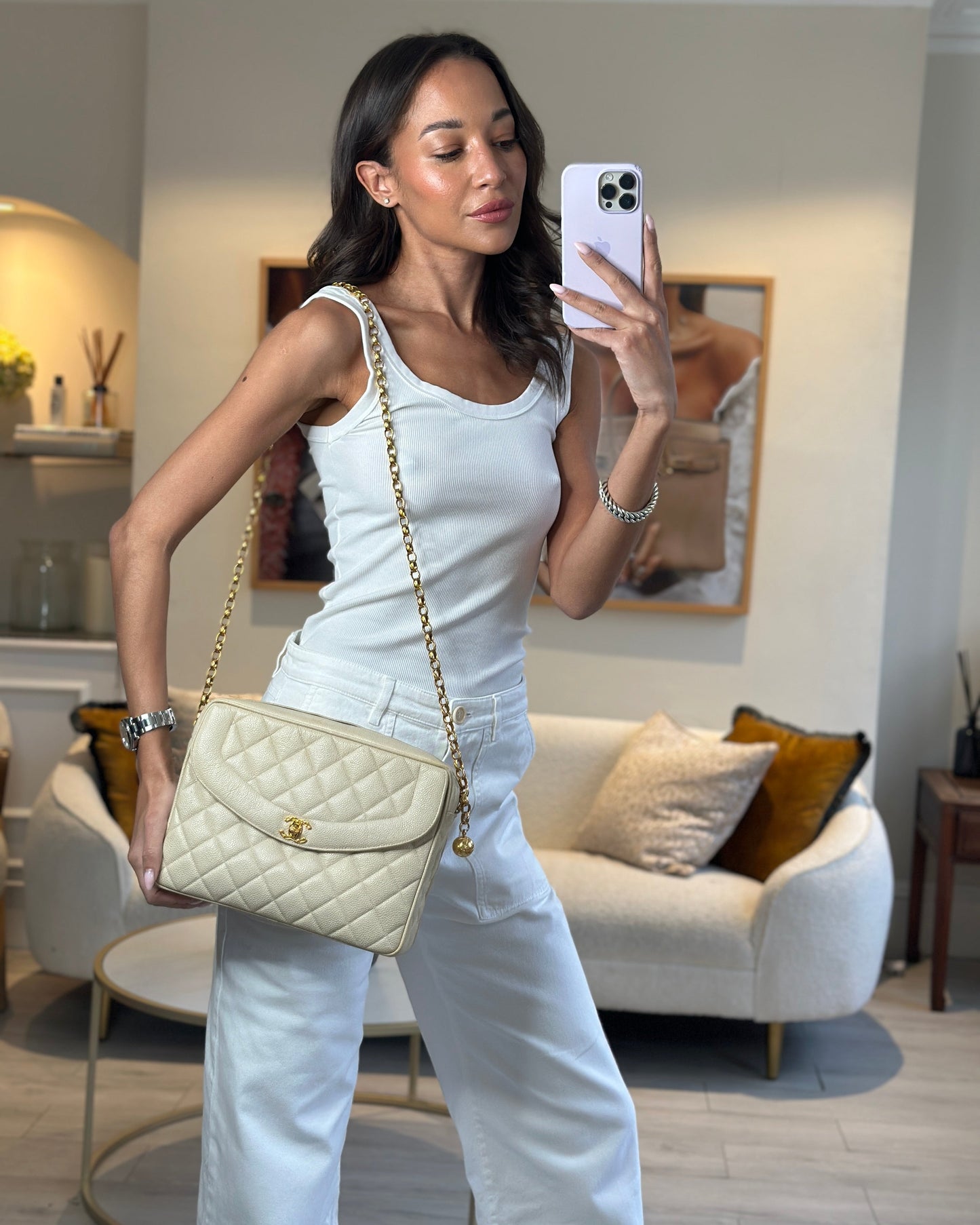Chanel Beige Camera Flap Bag in Caviar Leather with Gold Hardware