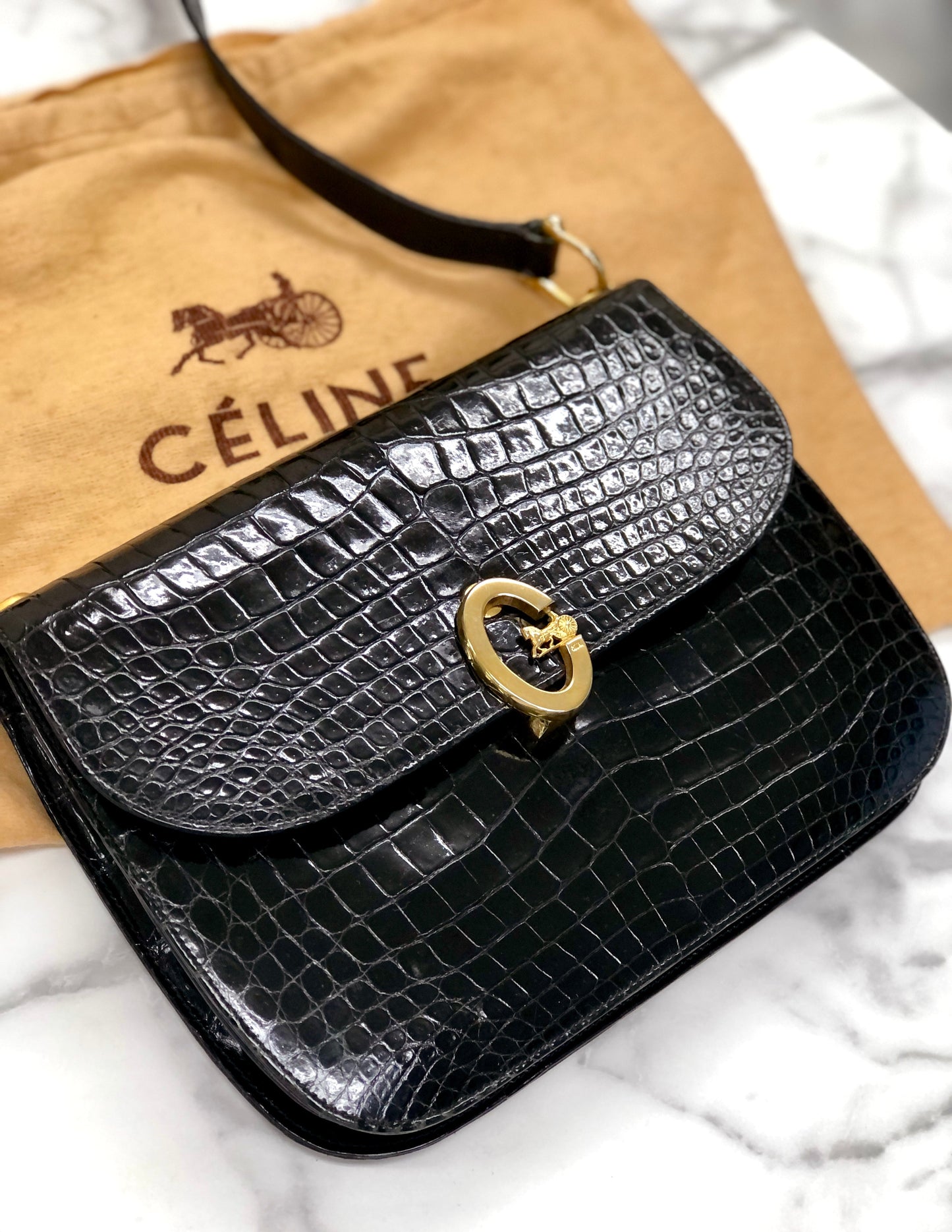 CELINE C logo Horse carriage Crocodile embossed leather Shoulder bag Black Old CELINE 6tmne2