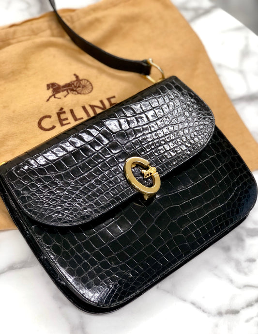 CELINE C logo Horse carriage Crocodile embossed leather Shoulder bag Black Old CELINE 6tmne2