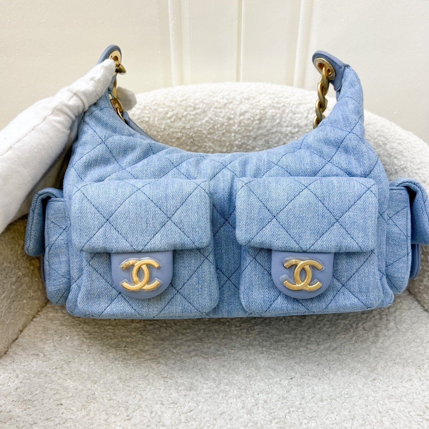 Chanel 25C Large Hobo Bag in Light Blue Washed Fabric and AGHW (Model: AS5339)