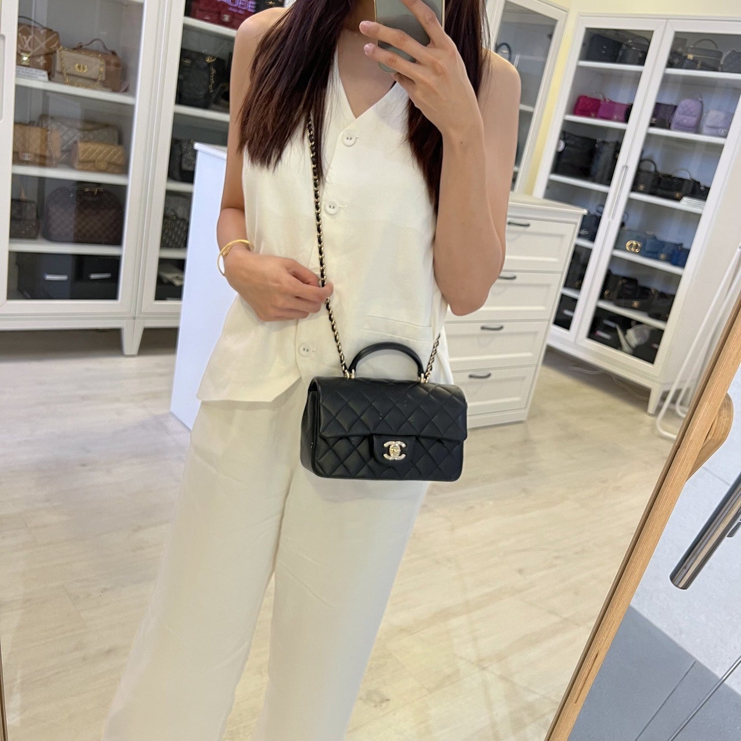 Chanel Classic Top Handle Mini Rectangle Flap in Black Lambskin and LGHW (Model: AS2431) Handbag