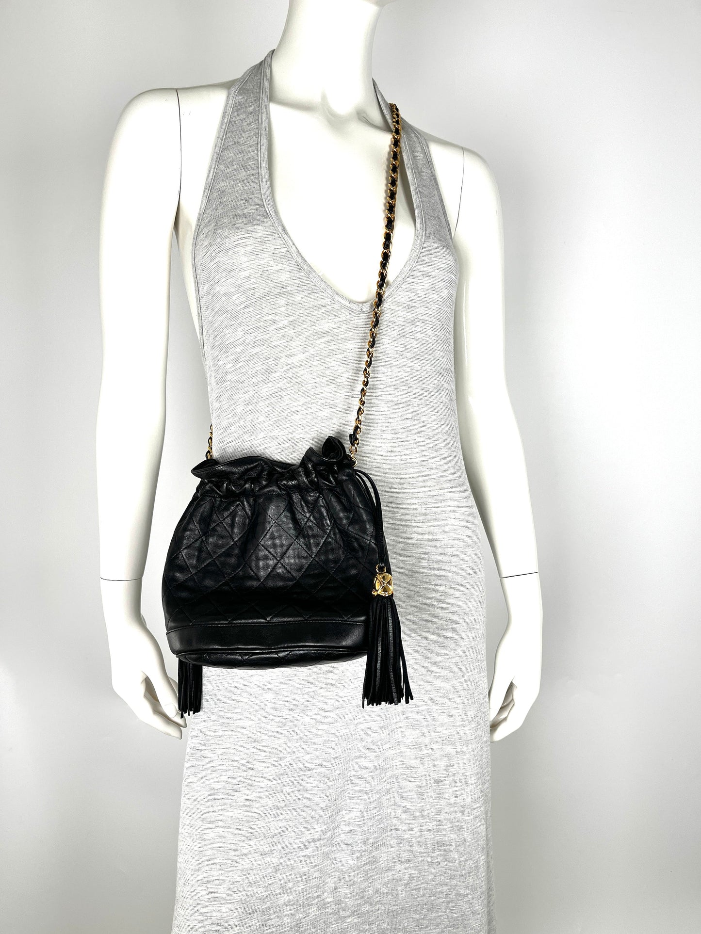 CHANEL 24k Gold Black Lambskin Leather Quilted Bucket Shoulder Bag