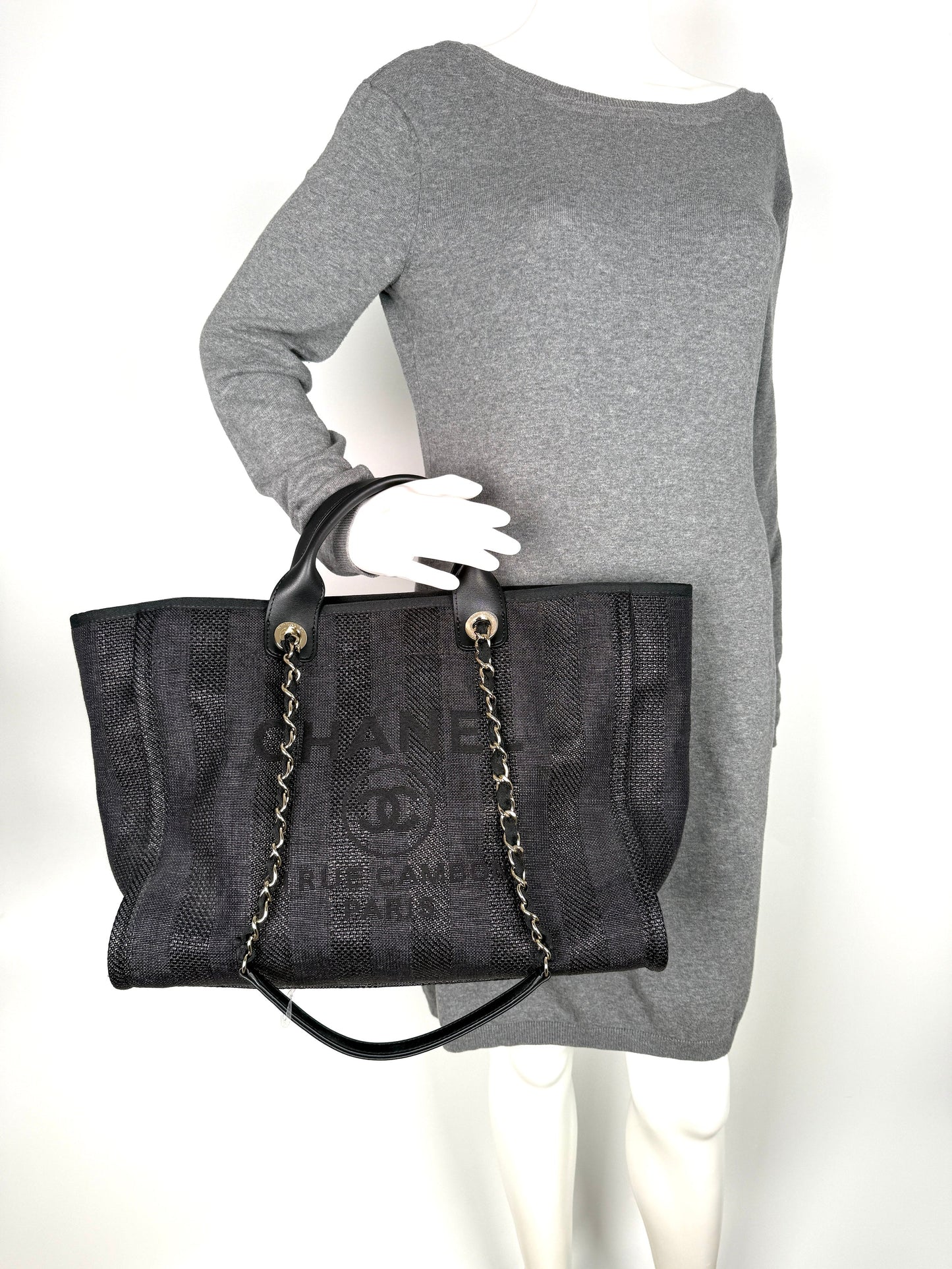 CHANEL Deauville Straw Raffia Black Large Shopping Tote