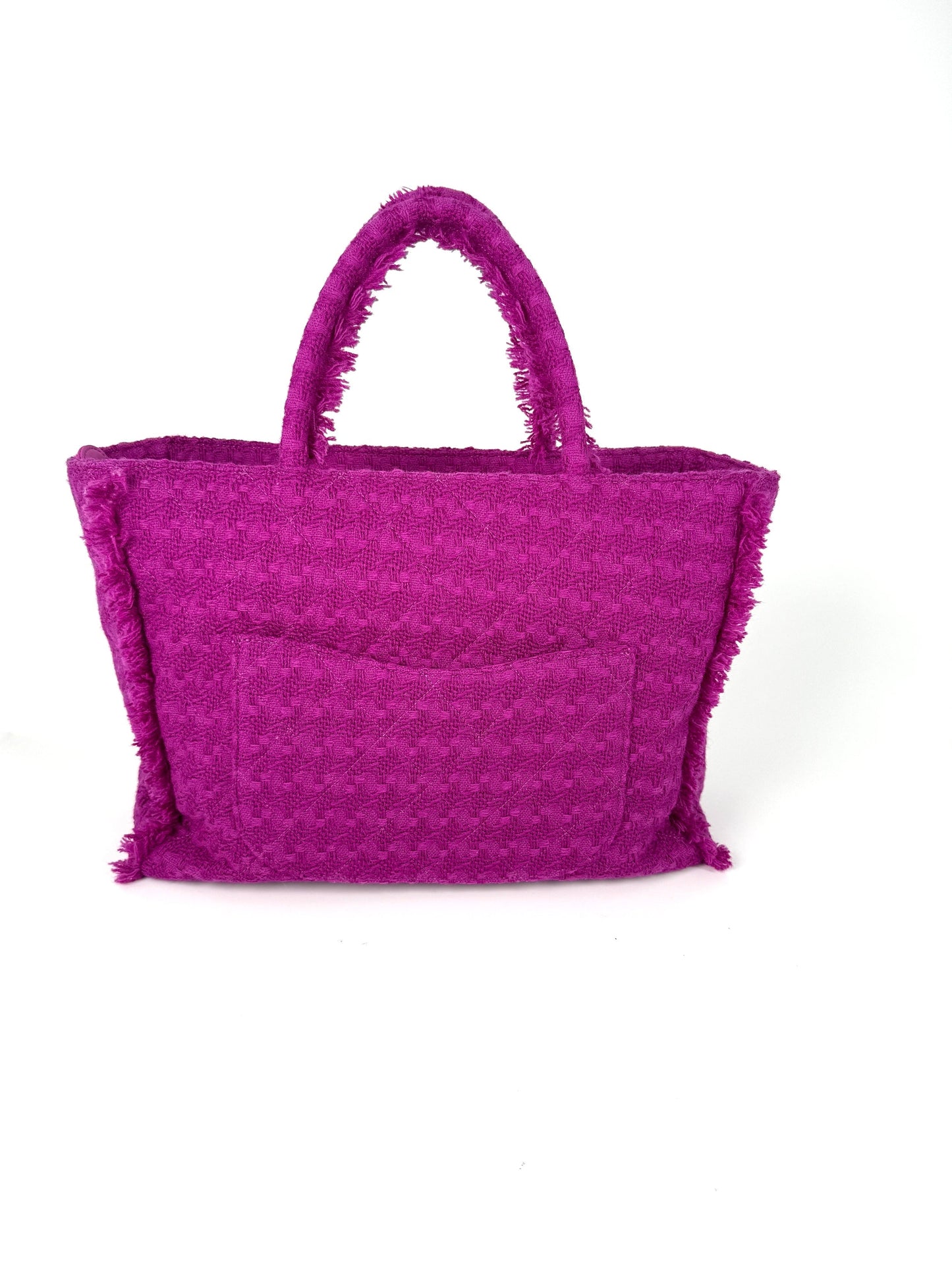 CHANEL Wool Tweed Giant Logo Pink Zip Shopping Tote