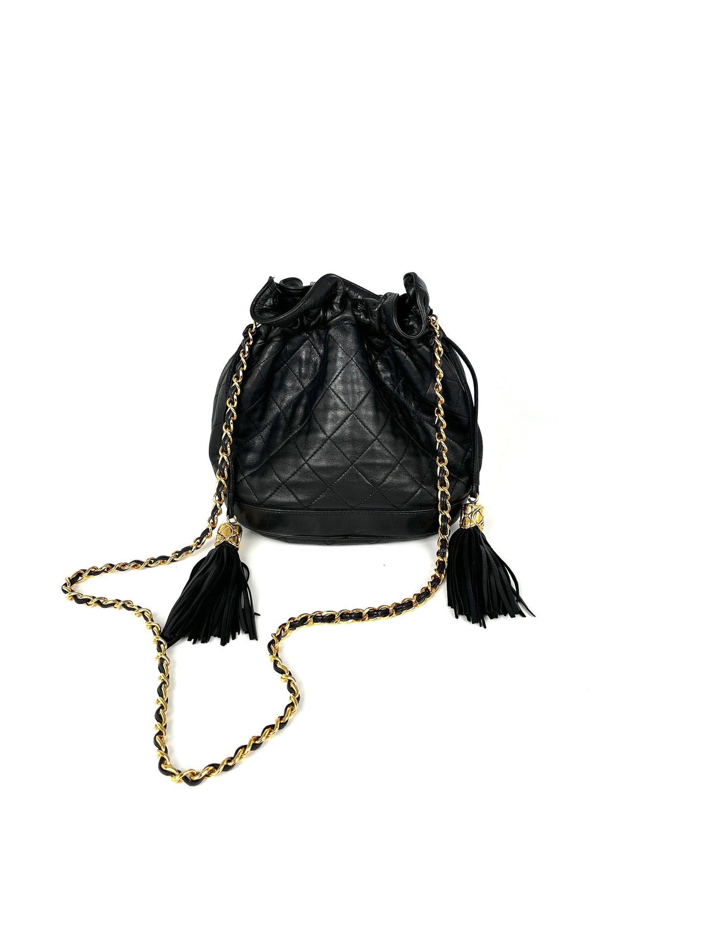 CHANEL 24k Gold Black Lambskin Leather Quilted Bucket Shoulder Bag