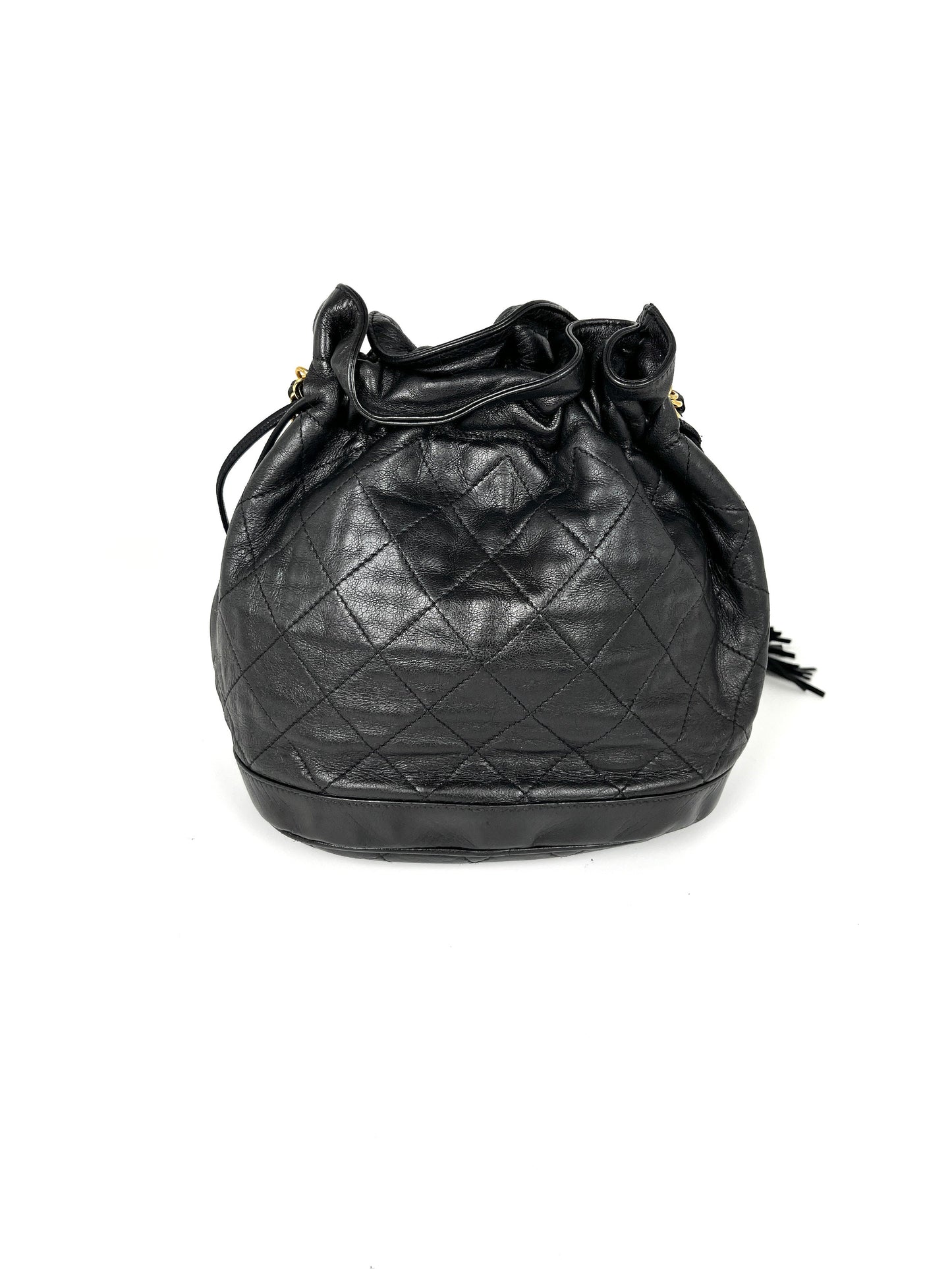 CHANEL 24k Gold Black Lambskin Leather Quilted Bucket Shoulder Bag