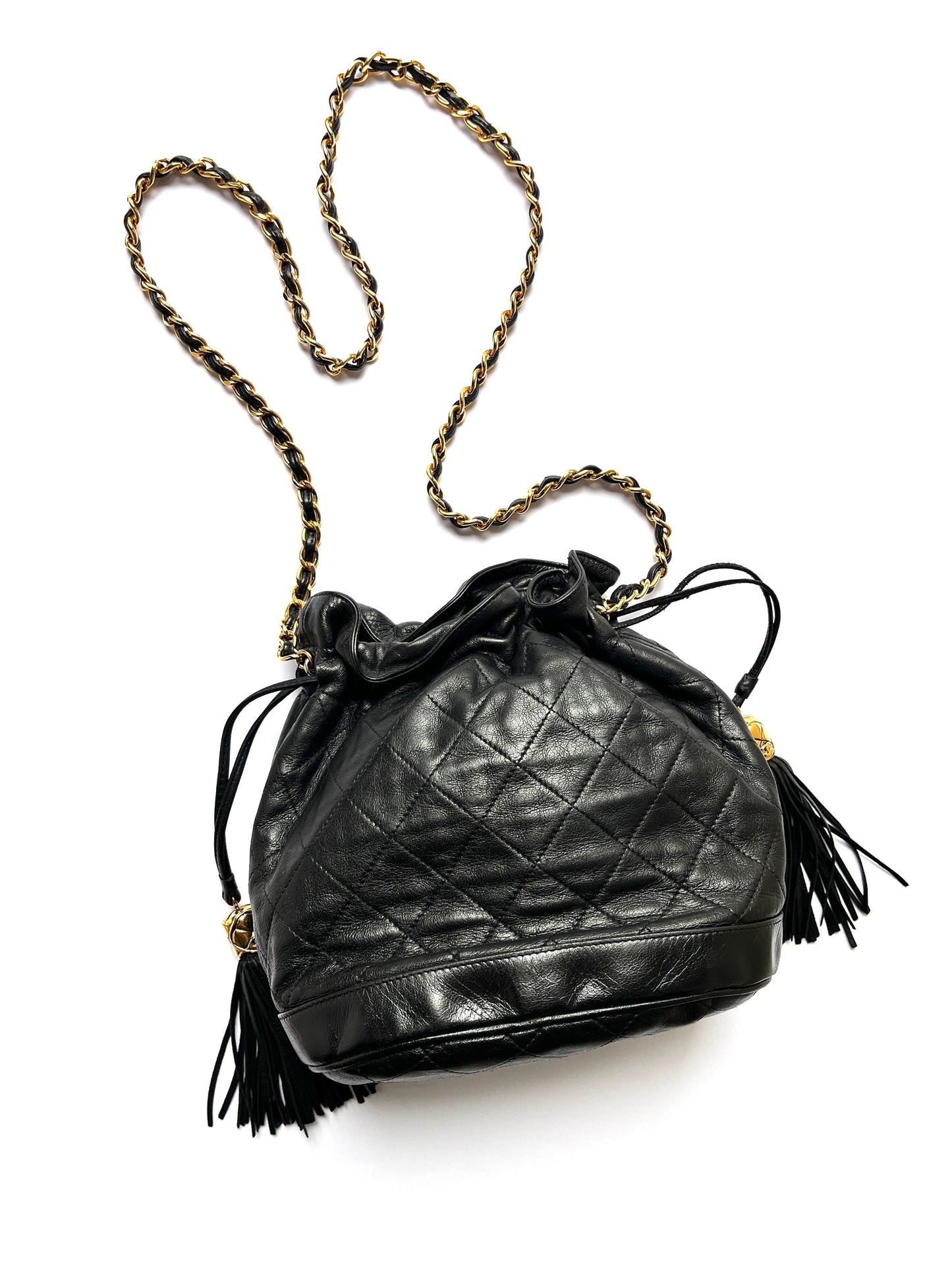 CHANEL 24k Gold Black Lambskin Leather Quilted Bucket Shoulder Bag