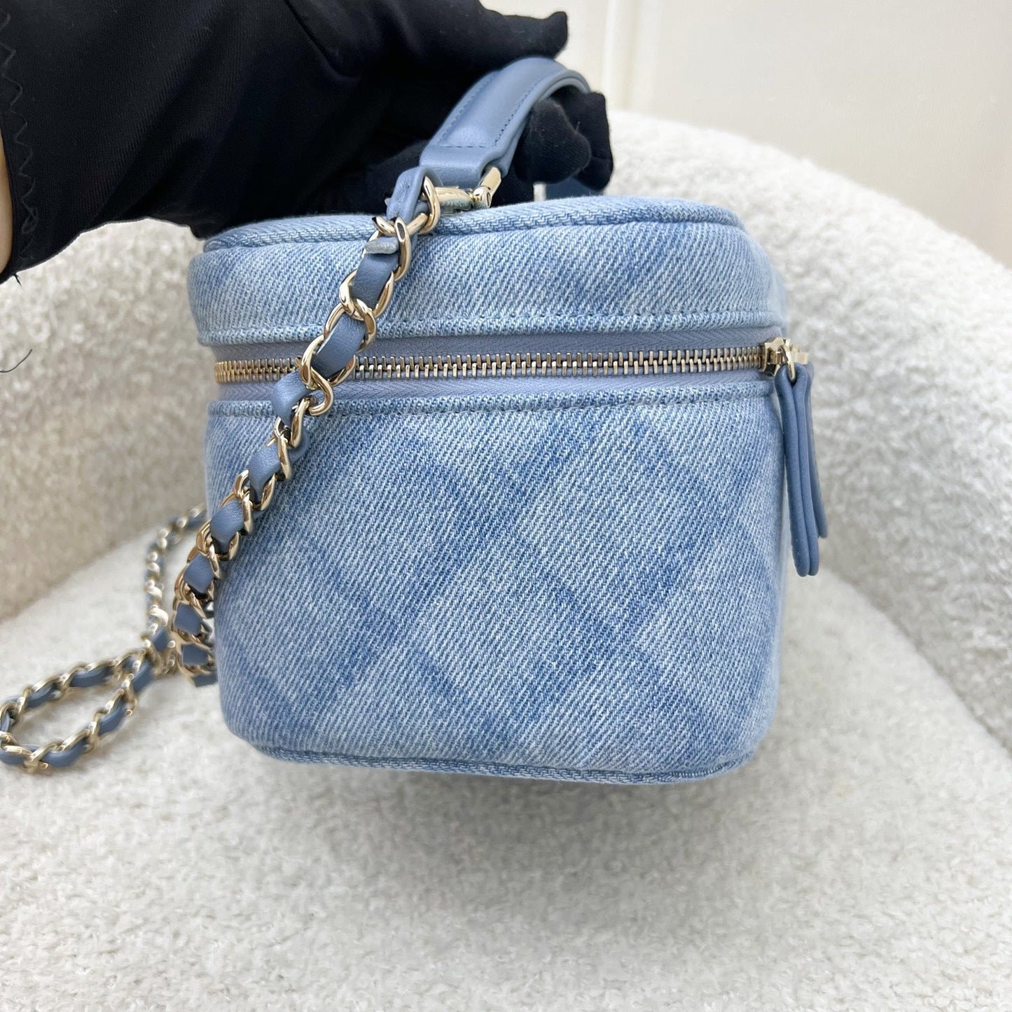 Chanel 22B Cheer for Chanel Vanity Case with Top Handle in Light Blue Fabric and LGHW (Model: AS3171) Handbag