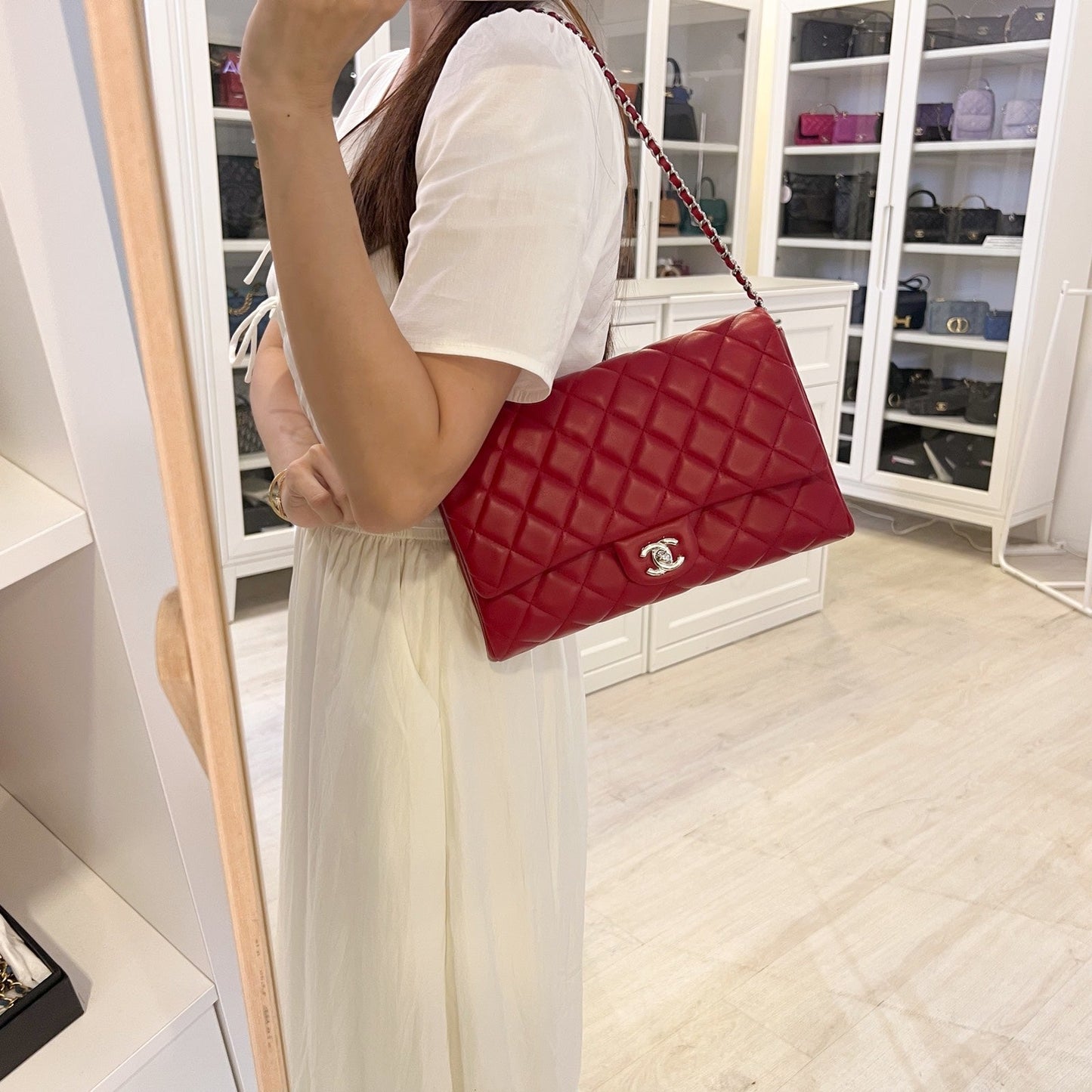 Chanel Classic Timeless Clutch with Chain in Red Lambskin and SHW (Model: A65051)