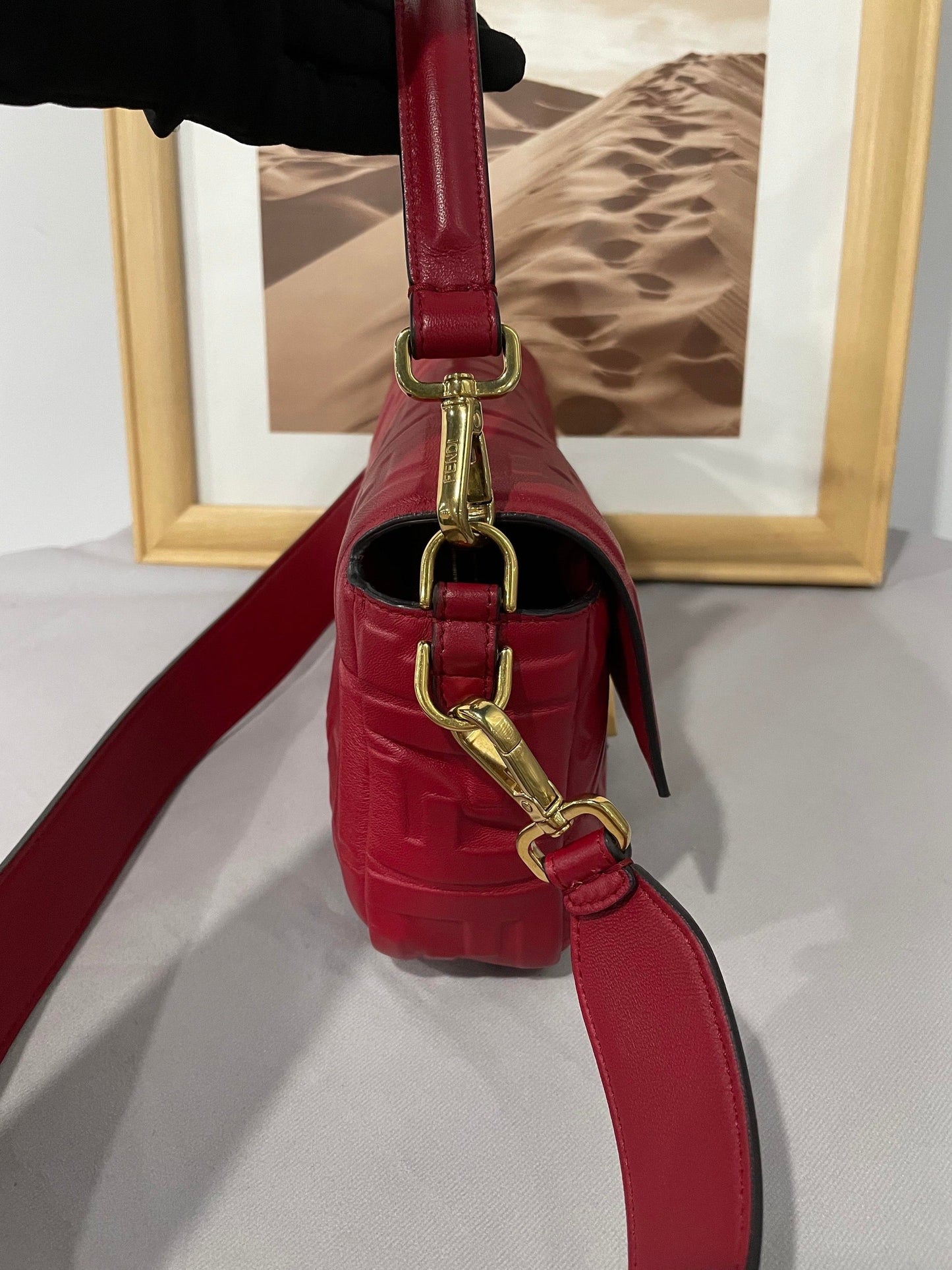 FENDI Baguette Red Soft Lambskin Nappa Leather 3D FF Motif Crossbody