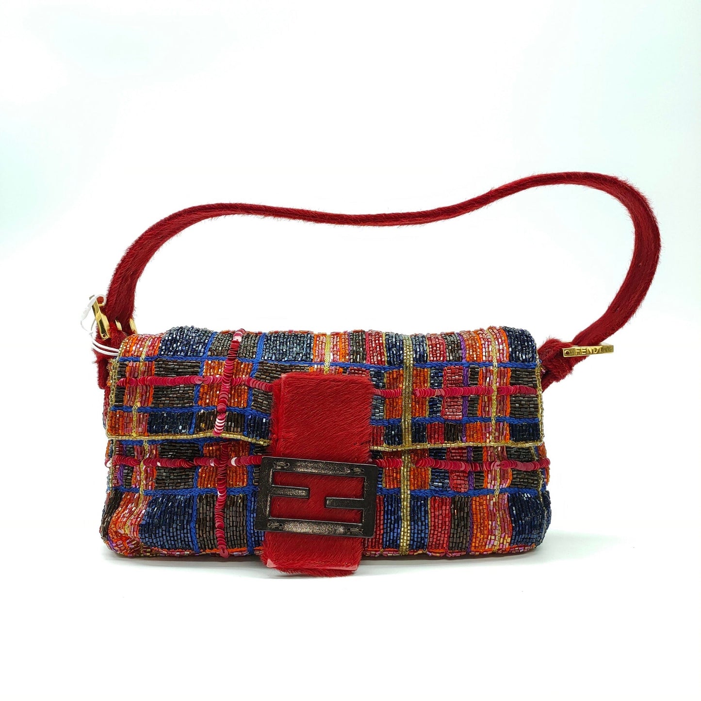 FENDI Baguette strass and rhinestone glitter beads blue red gold pony hair strap and buckle
