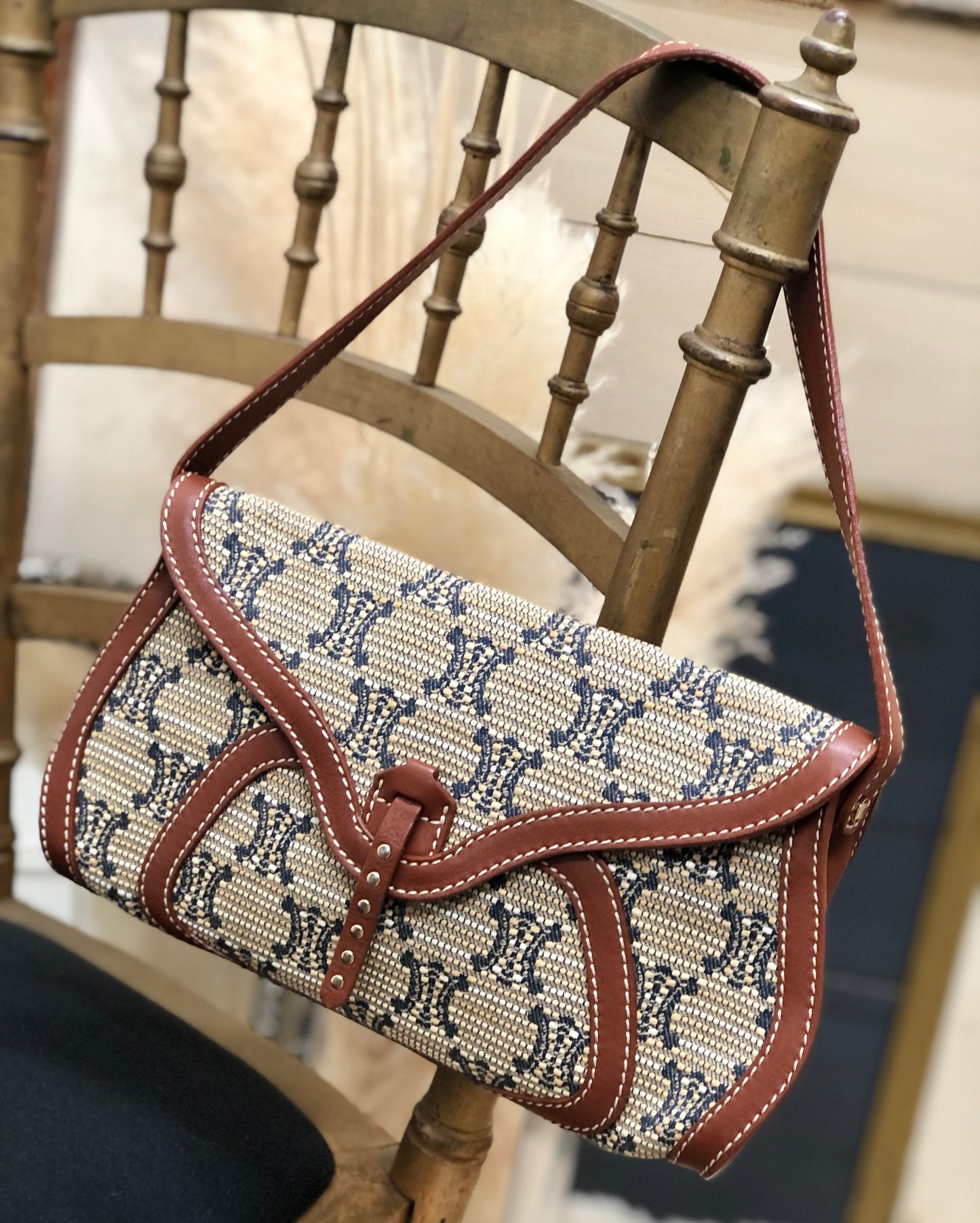 CELINE Triomphe pattern Hobobag Handbag Beige Old CELINE gctpmy