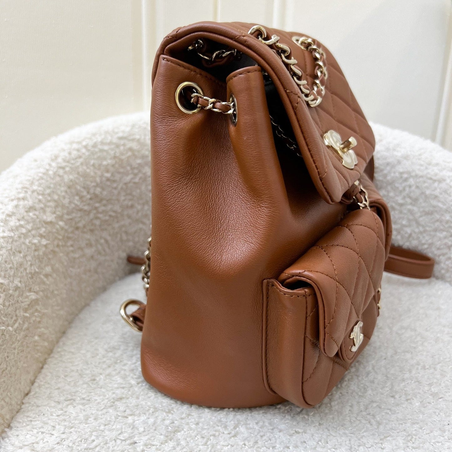 Chanel Medium Triple Backpack in 23A Cognac Brown Calfskin and LGHW (Model: AS3860)