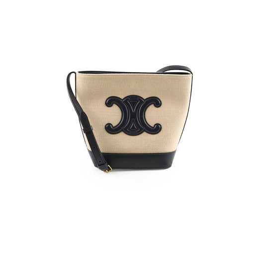 Luxury CELINE Triiomphe Canvas Calfskin Bucket Bag Beige/Black