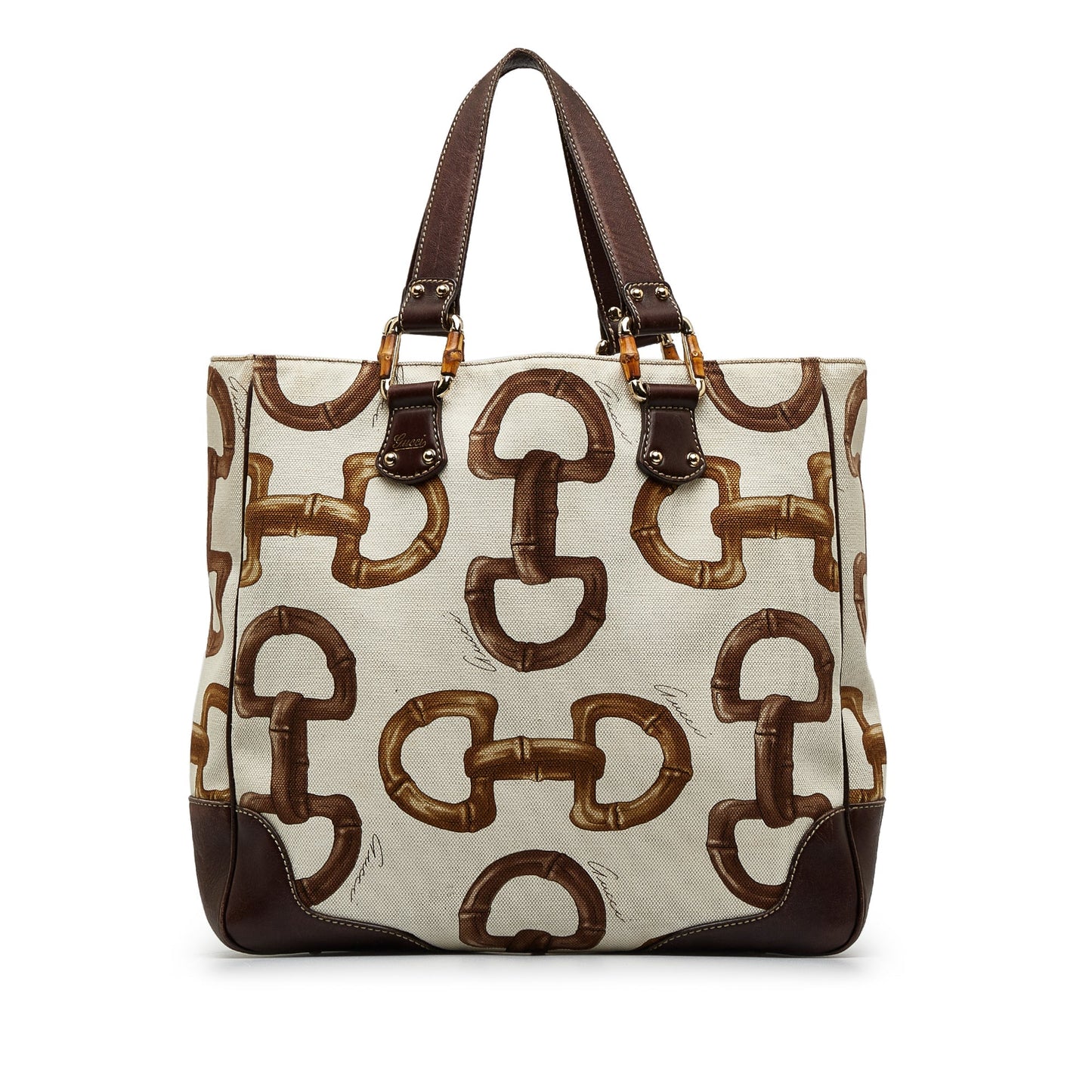 Gucci Horsebit White Leather Canvas Tote