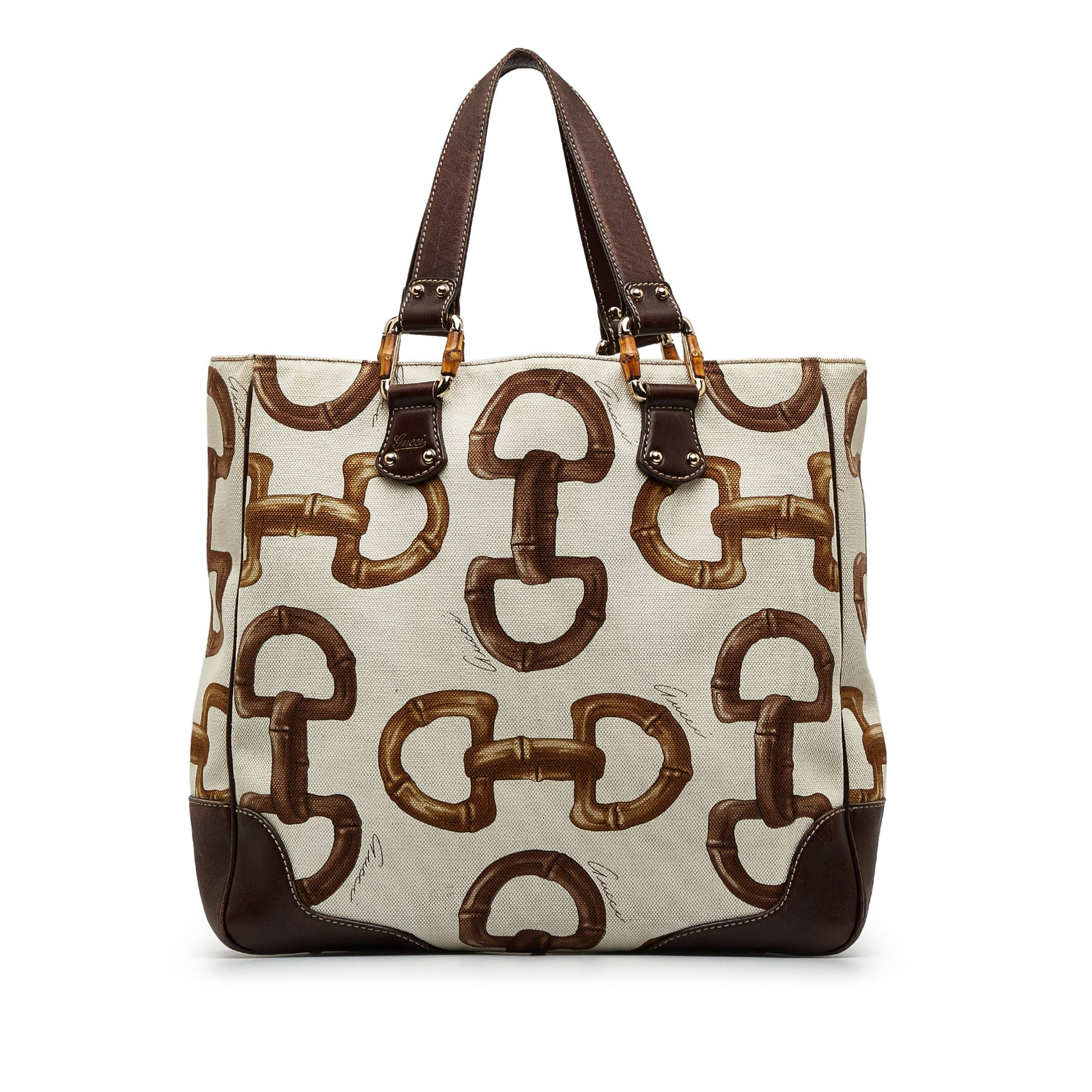 Gucci Horsebit White Leather Canvas Tote