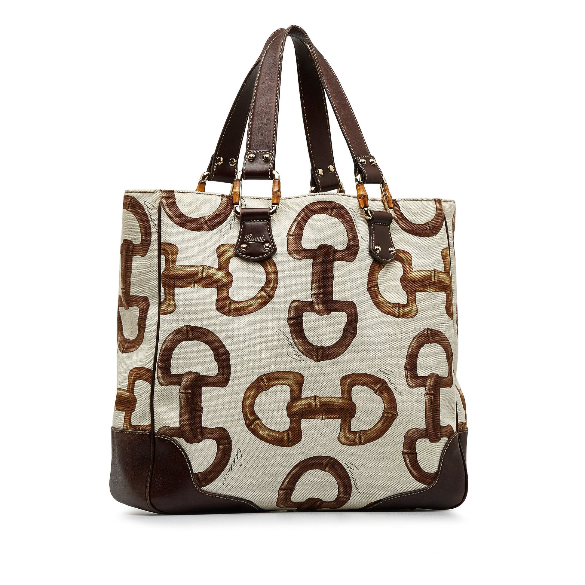Gucci Horsebit White Leather Canvas Tote