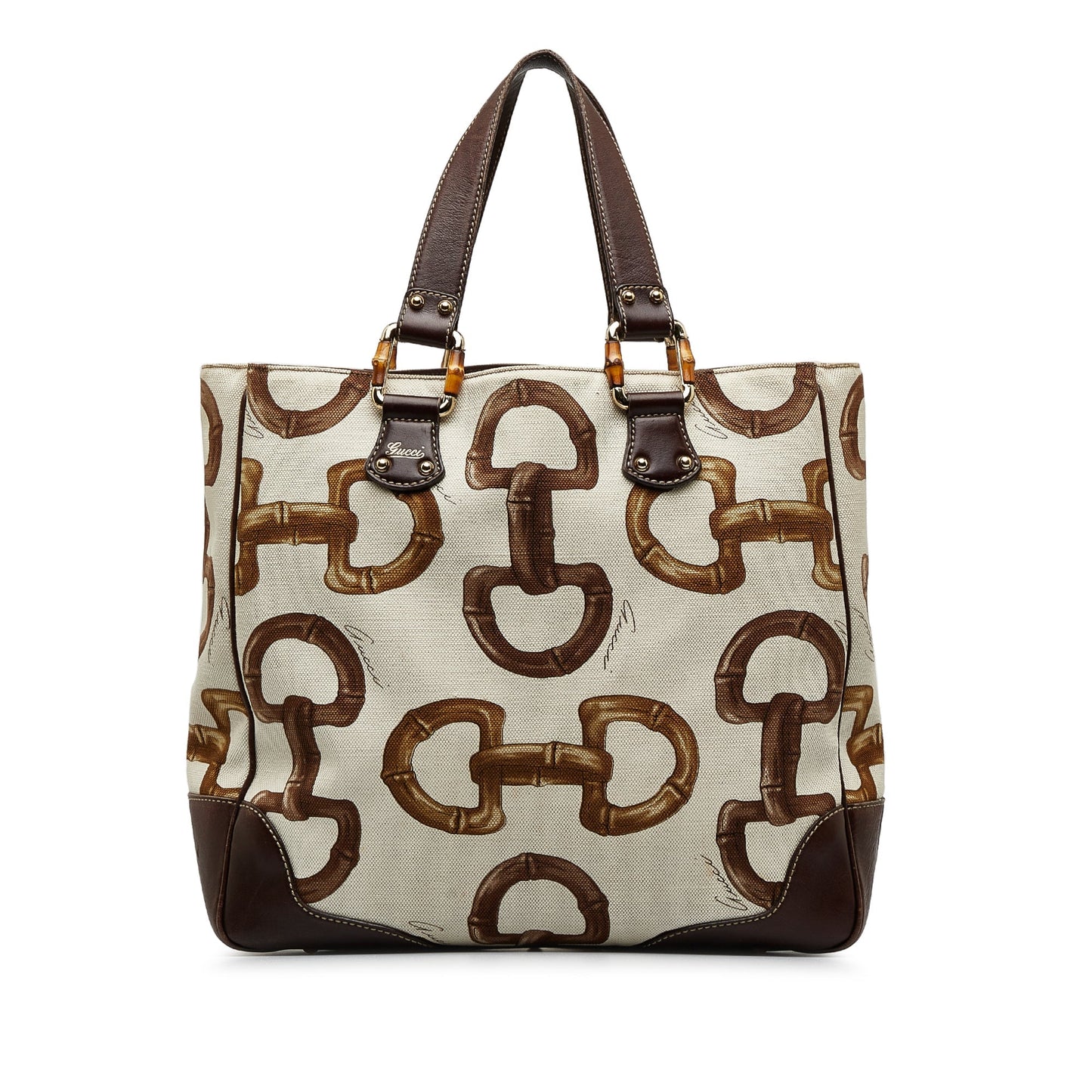 Gucci Horsebit White Leather Canvas Tote
