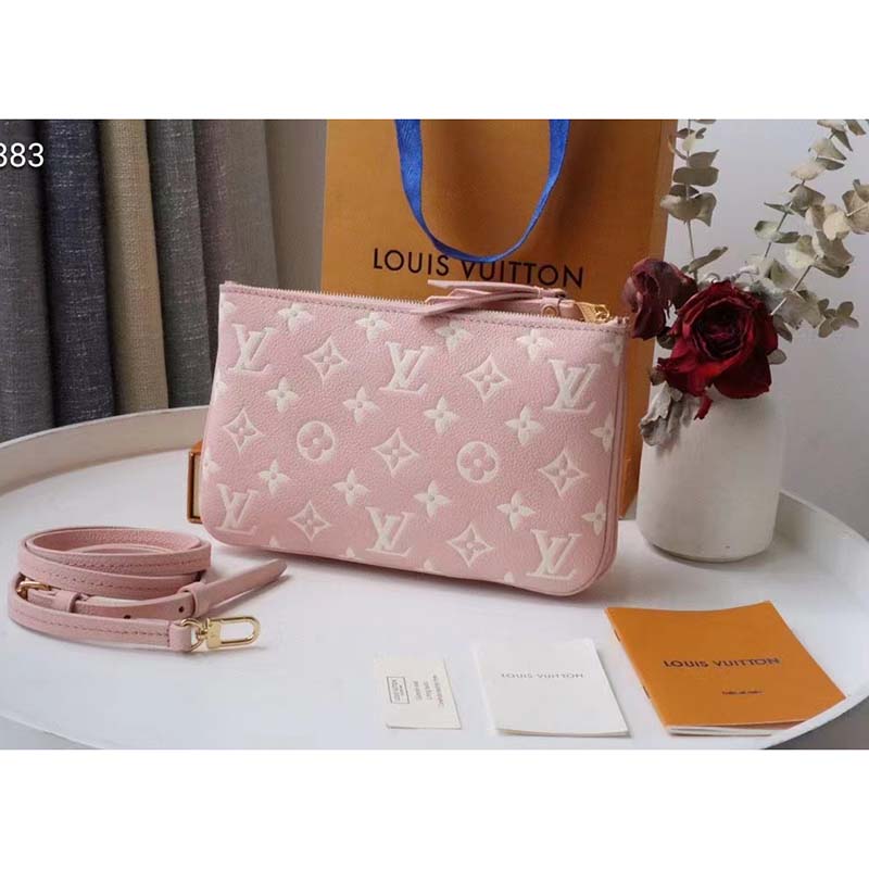 Louis Vuitton Double Zip Pochette Pink Monogram Empreinte Embossed Supple Grained Cowhide Clutch