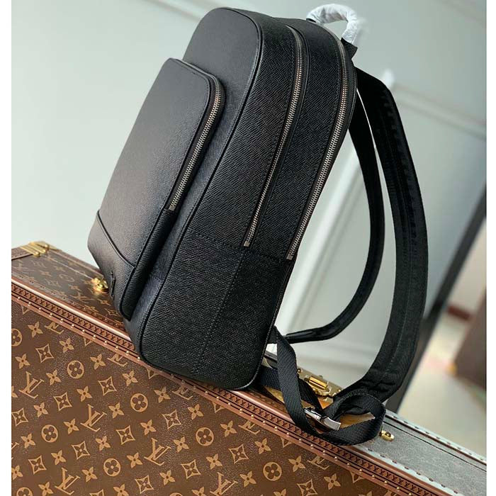 Louis Vuitton LV Unisex Adrian Backpack Black Taiga Cowhide Leather Textile Lining
